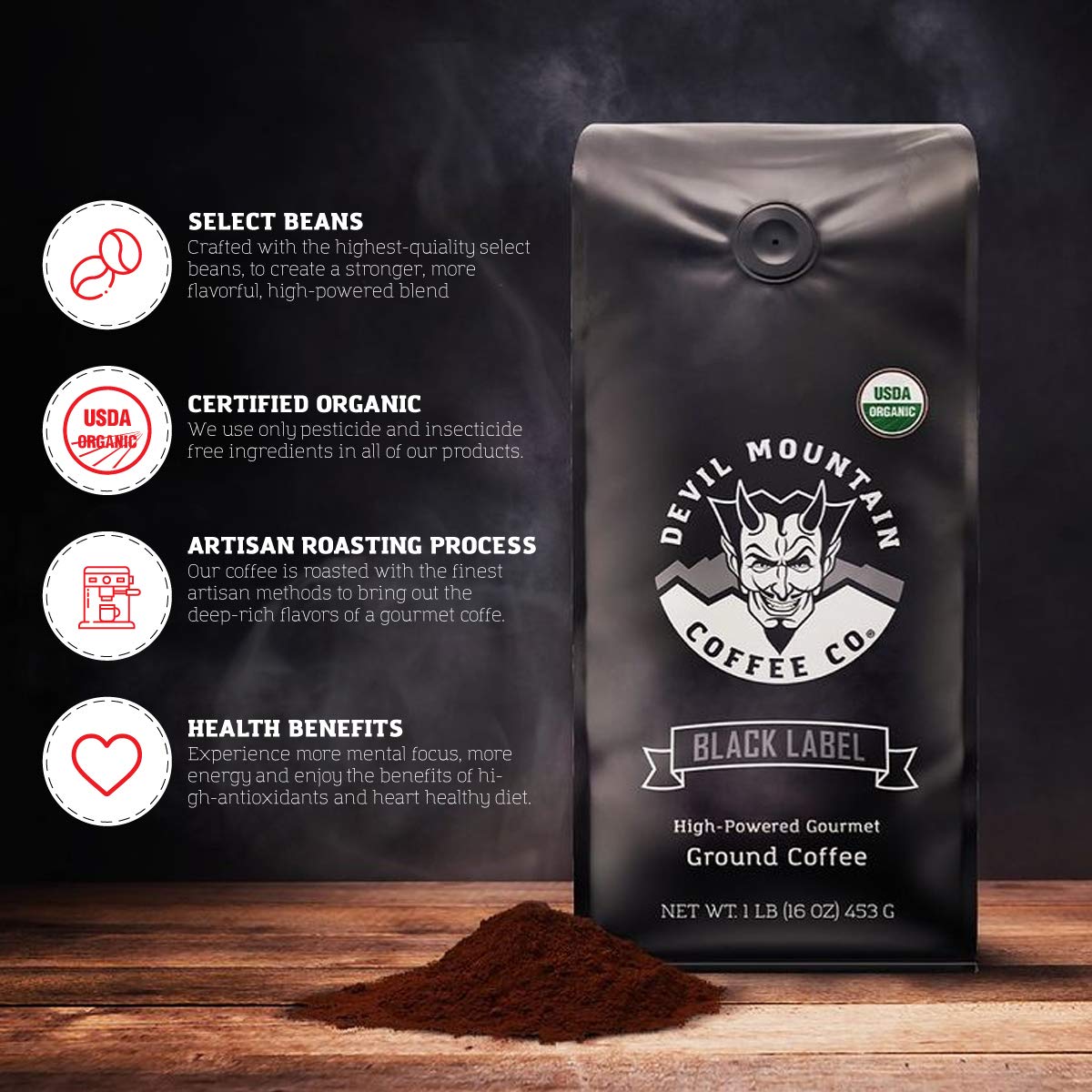 Devil Mountain Coffee Black Label Dark Roast Ground Coffee, Strong High Caffeine Coffee Grounds, USDA Organic, Fair Trade, Gourmet Artisan Roasted