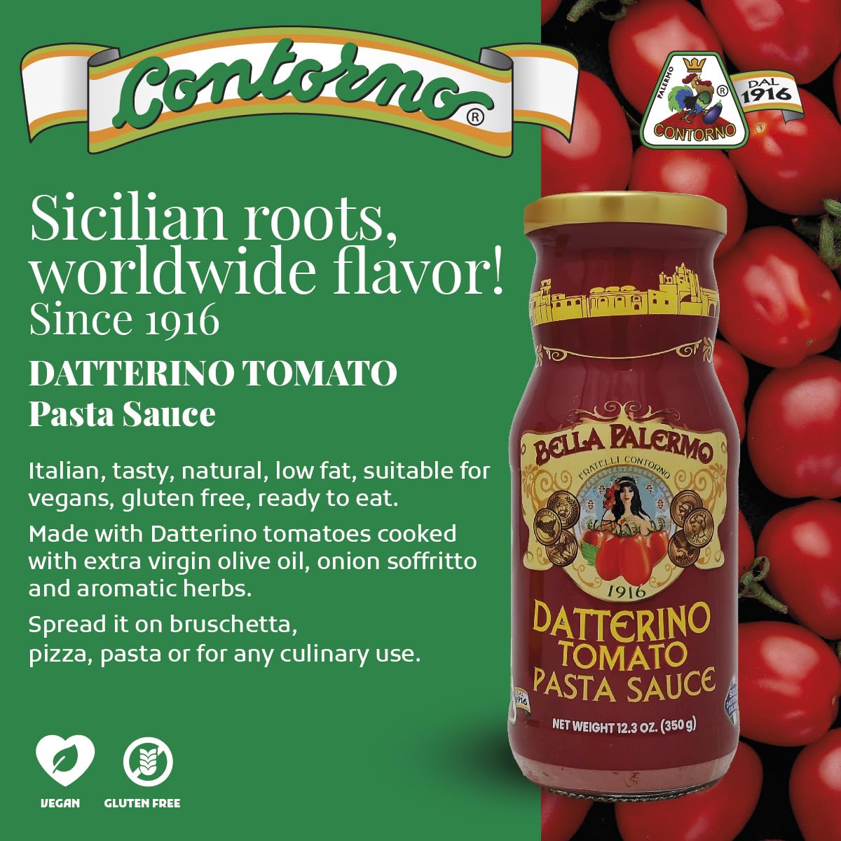 Contorno Datterino Tomato Pasta Sauce (11.6 Oz) 330g - Imported Authentic Italian Sugo with Extra Virgin Olive Oil, Tomatoes & Basil, Gourmet Marinara