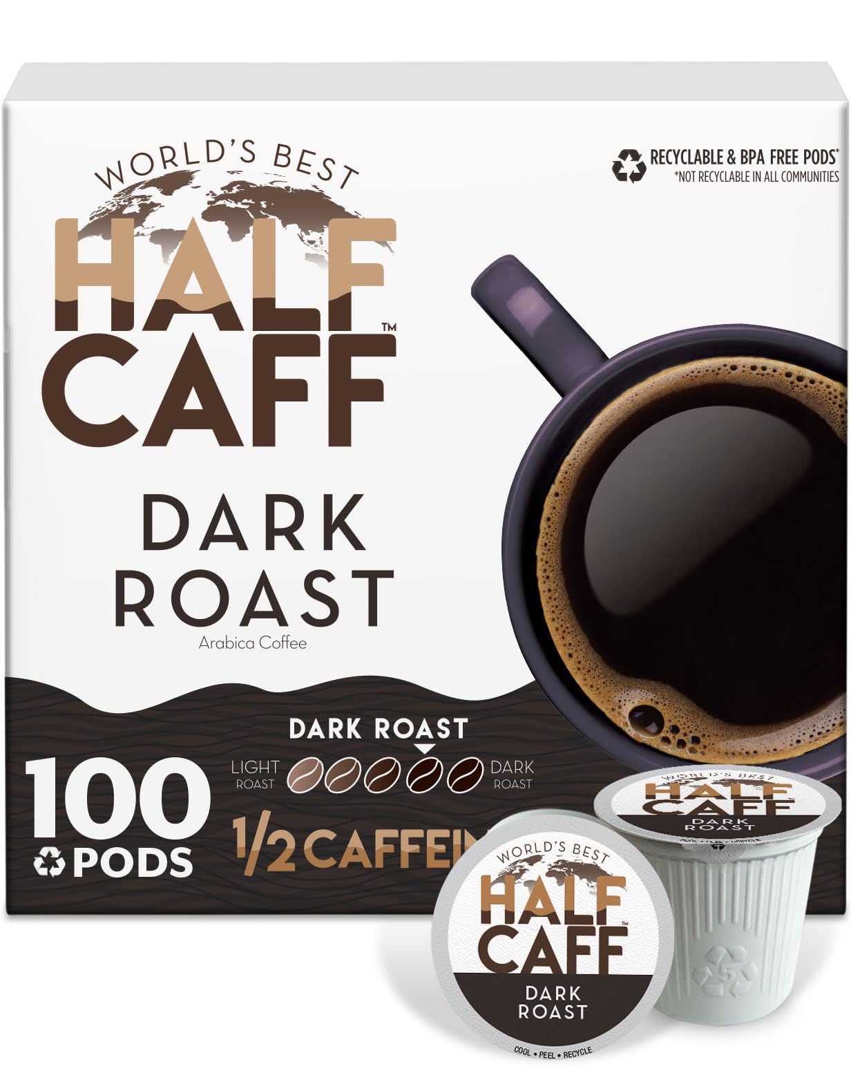 World's Best Half Caff Dark Roast Coffee Pods, 100 ct, Single Serve Pods - 100% Arabica Coffee, Compatible with Keurig K Cups Maker
