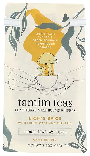 Tamim Teas Lion's Mane Mushroom Tea - Organic Lion's Main with Turmeric and Ginger - US Grown Organic Lion's Mane Mushroom - Caffeine Free Blend - 32