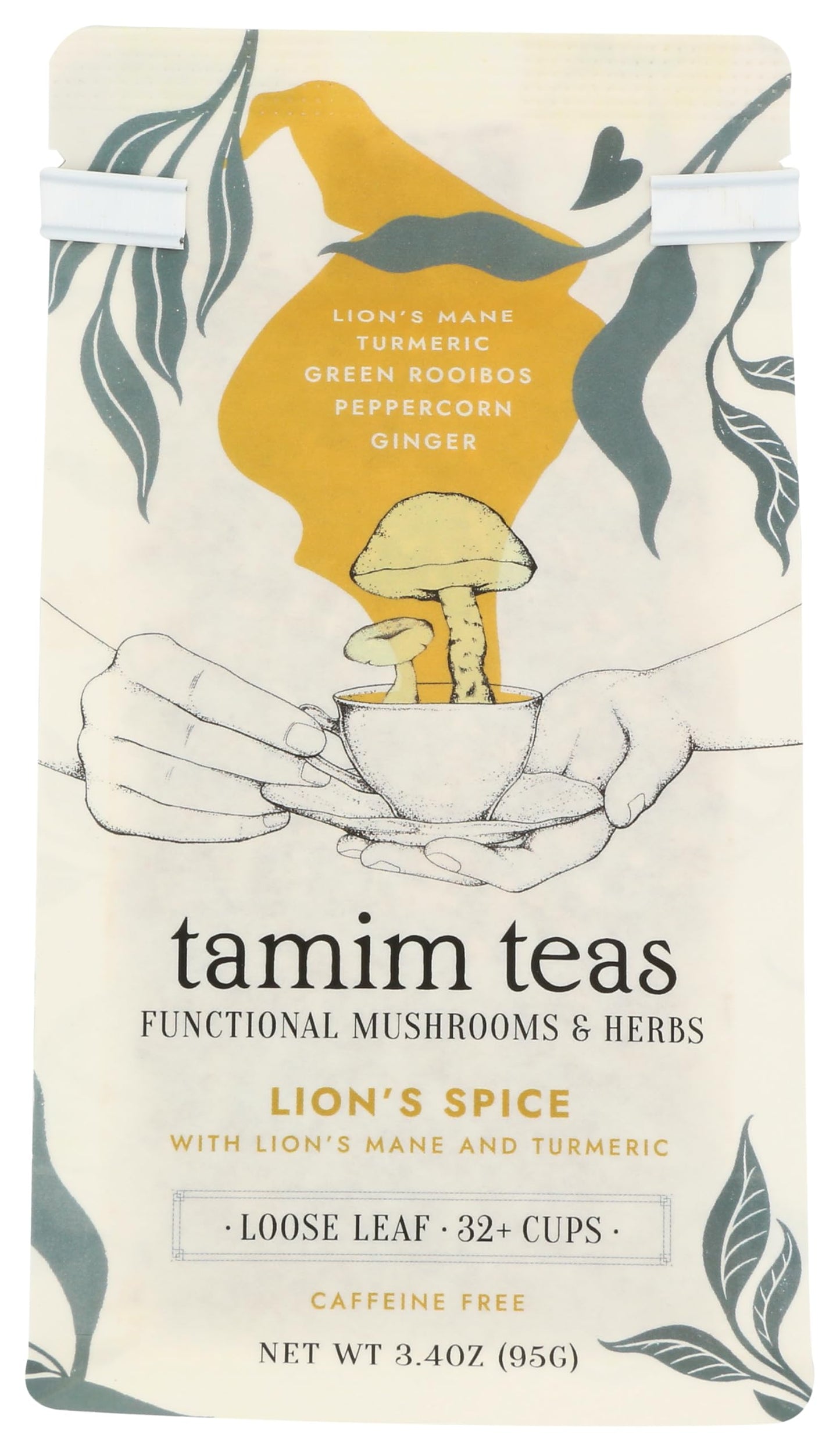 Tamim Teas Lion's Mane Mushroom Tea - Organic Lion's Main with Turmeric and Ginger - US Grown Organic Lion's Mane Mushroom - Caffeine Free Blend - 32