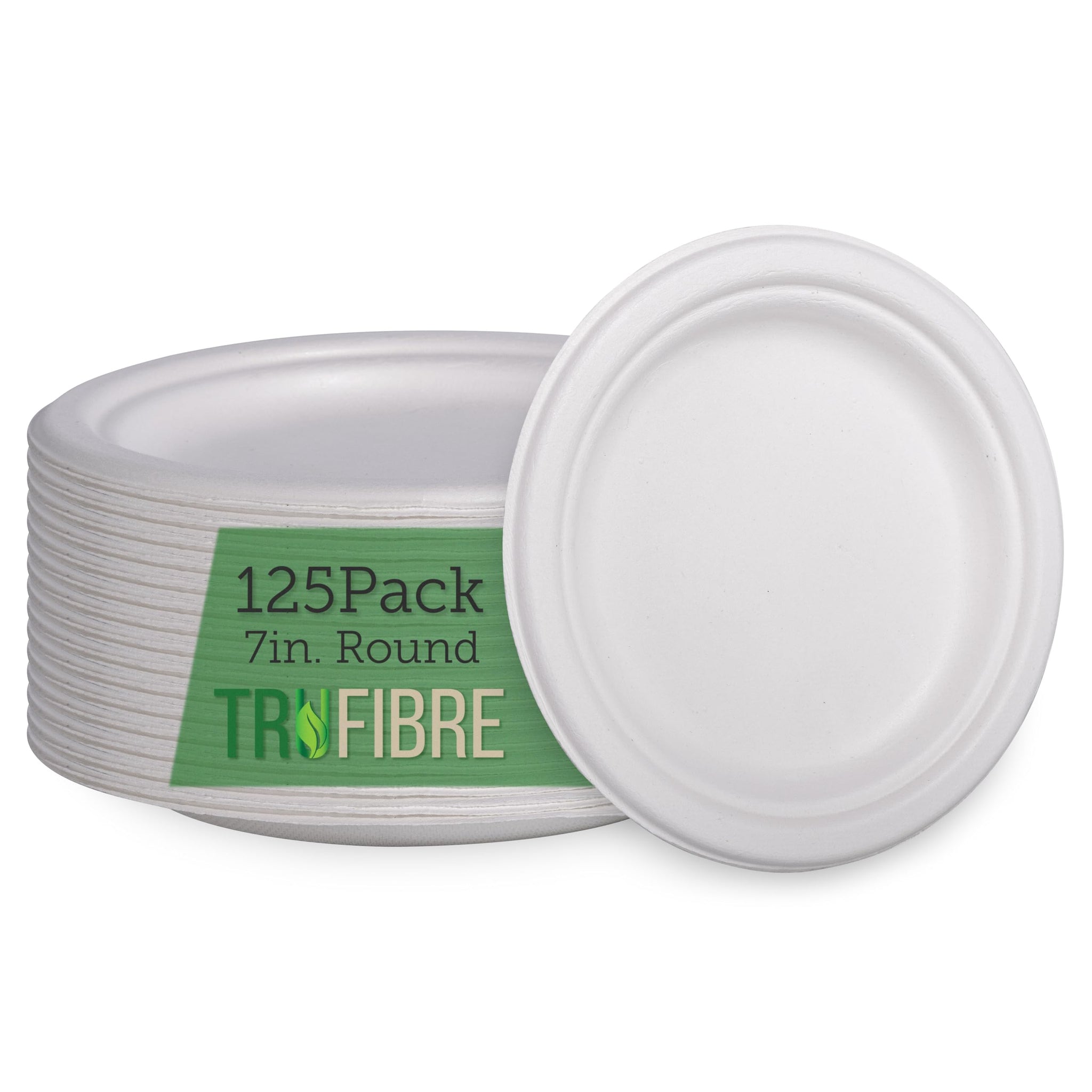 TruFibre 7" Paper Plates, Compostable Bagasse Food Container, Disposable, Microwave Safe for Lunch, Dinner, Party, Supplies, Events, Bulk, 125 Pack