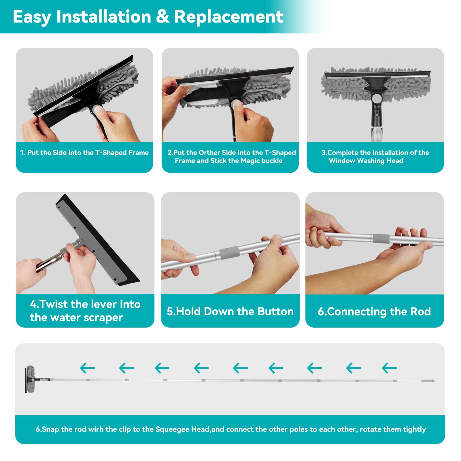 2-in-1 squeegee for window cleaning: 20+ Ft Long Reach cleaner tool with extension pole in home office commercial building Skylight Floor Ceiling Wall