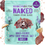 Brooklyn Biltong Steakhouse, Garlic Naked Tender Slices (2oz, Pack of 2), Grass Fed Beef Protein Snacks, 32g Grass Fed Protein Per Pack, Beef Jerky