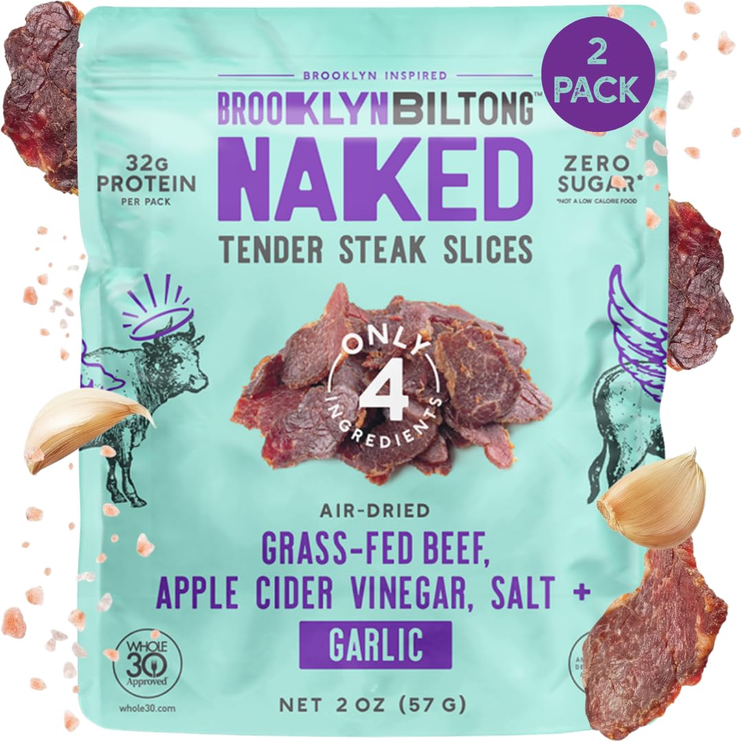 Brooklyn Biltong Steakhouse, Garlic Naked Tender Slices (2oz, Pack of 2), Grass Fed Beef Protein Snacks, 32g Grass Fed Protein Per Pack, Beef Jerky
