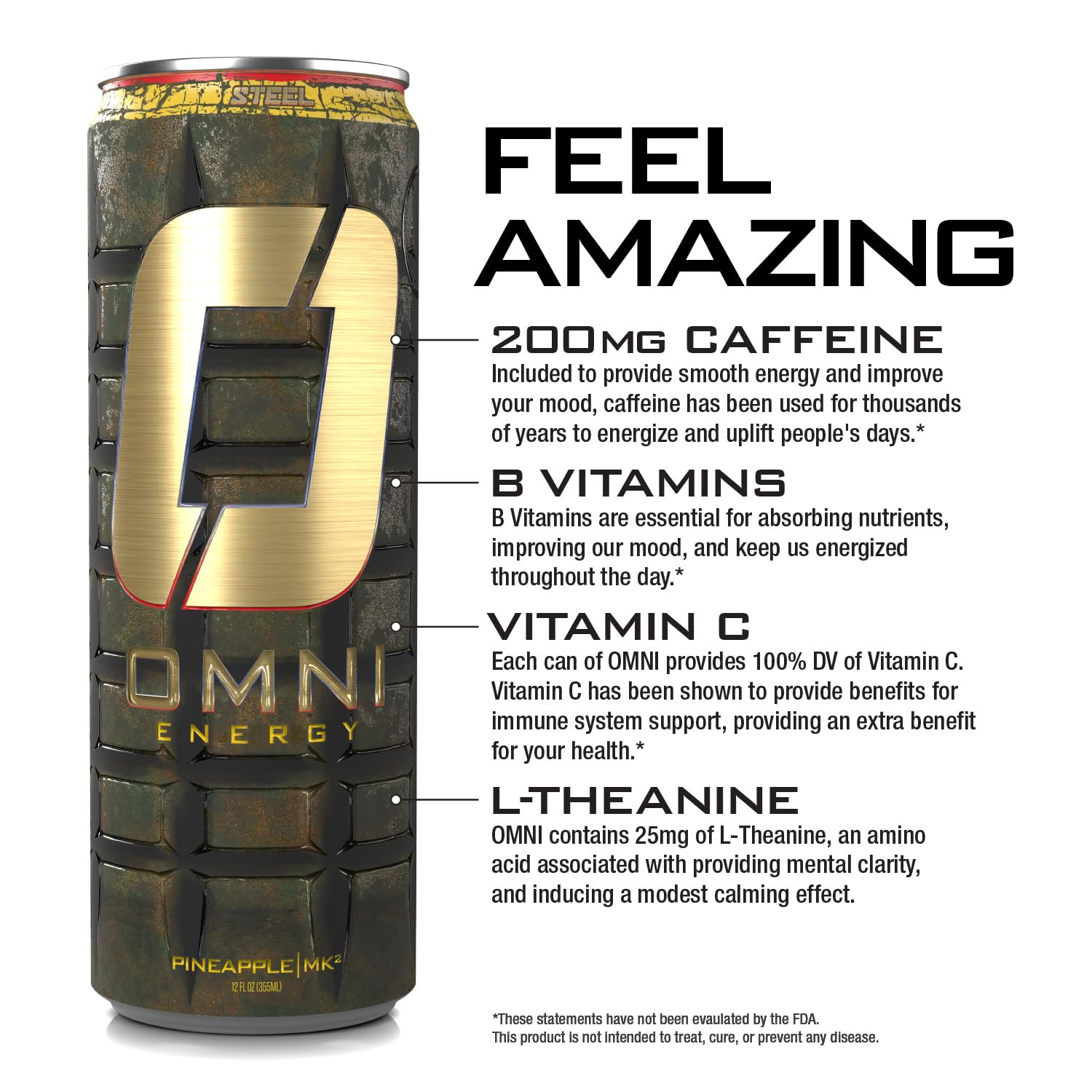OMNI Energy Drink Pineapple MK2 12 Oz (Pack of 12) | Contains 200mg Clean Caffeine, B Vitamins | Sugar-Free, Low Calorie, Energy Drink for All-Day