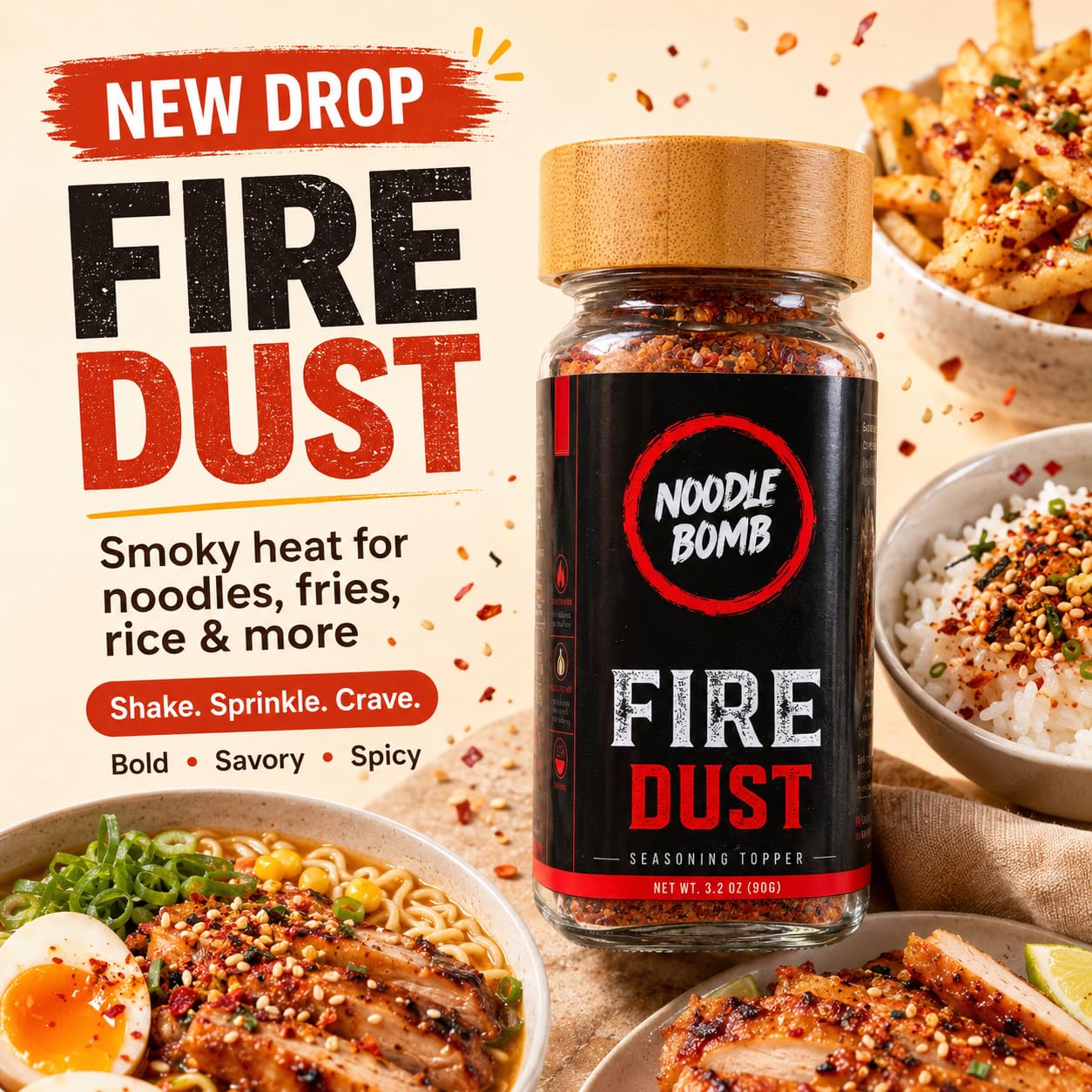 NoodleBomb Fire Dust Chili Sesame Seasoning Blend - Smoky Savory Heat - 3.2 oz Shaker