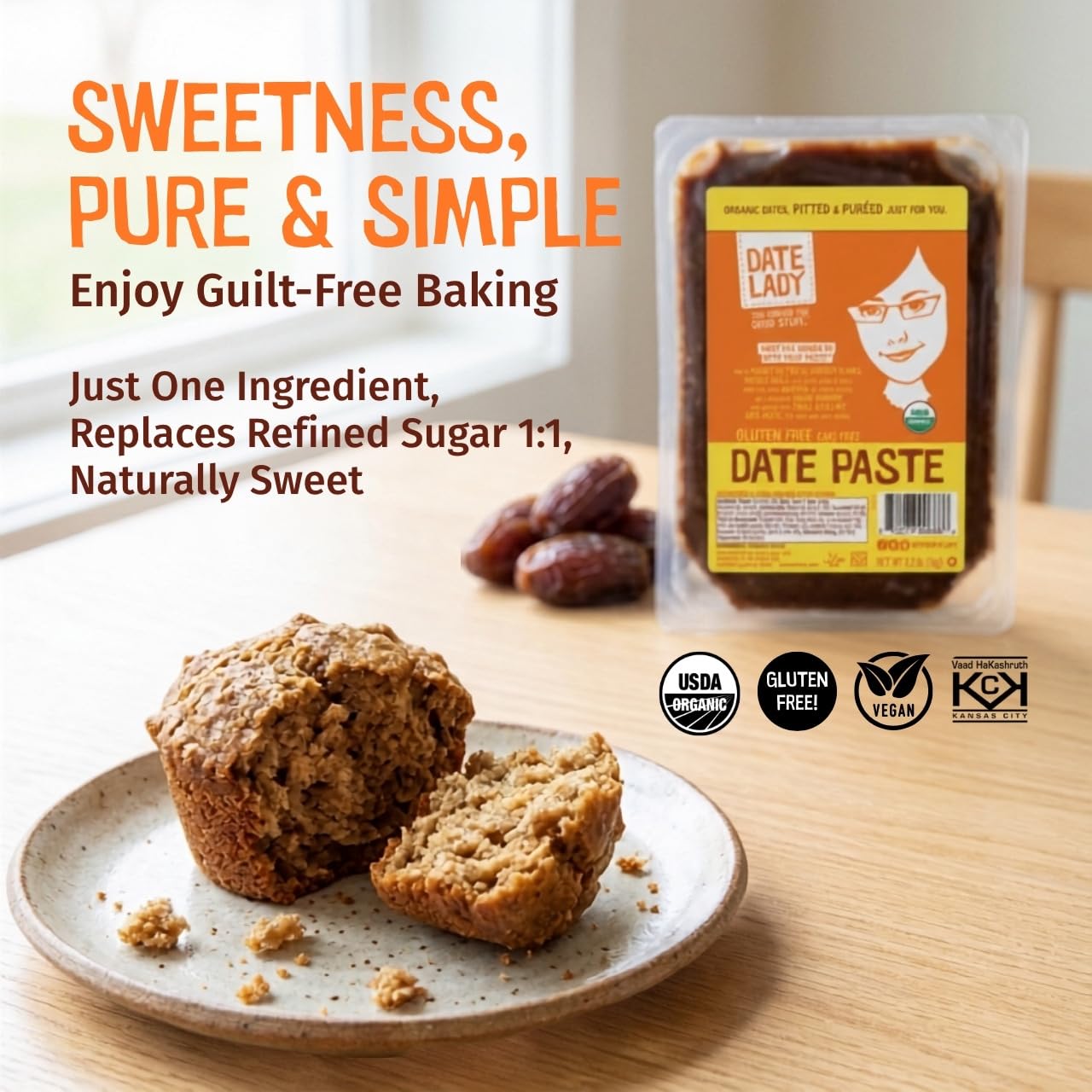 Date Lady Organic Date Paste (2.2 lbs) | 1 Ingredient: 100% Organic Dates | Vegan, Paleo, Gluten Free & Kosher | No Added Sugar | Substitute for Sugar