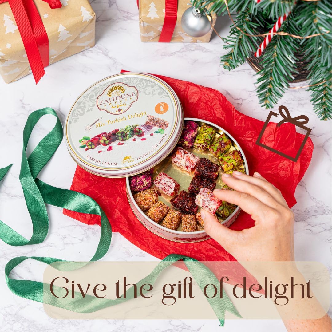 Zaitoune Turkish Delight Mix - 9 oz | Luxury Coatings of Pomegranate, Pistachio, Coconut, Kataifi & Rose | Authentic Lokum Sweet Assortment in a