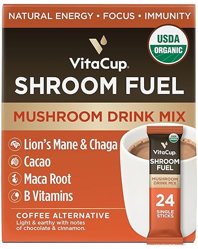 VitaCup Shroom Fuel, Mushroom Based Instant Coffee Alternative Packets, Mushroom Coffee Substitute w/Cacao, Cinnamon, Chaga, Lions Mane, & Maca