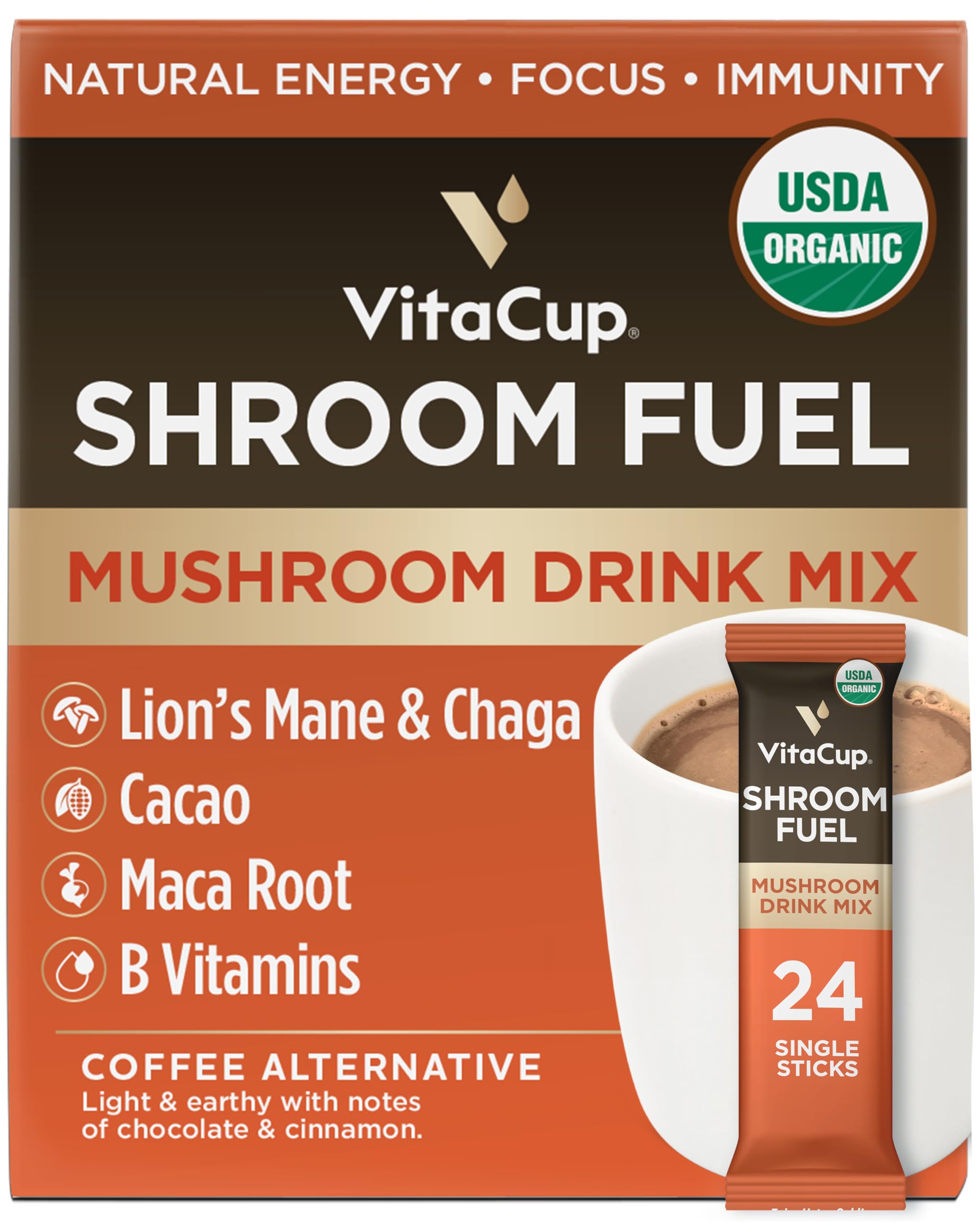 VitaCup Shroom Fuel, Mushroom Based Instant Coffee Alternative Packets, Mushroom Coffee Substitute w/Cacao, Cinnamon, Chaga, Lions Mane, & Maca