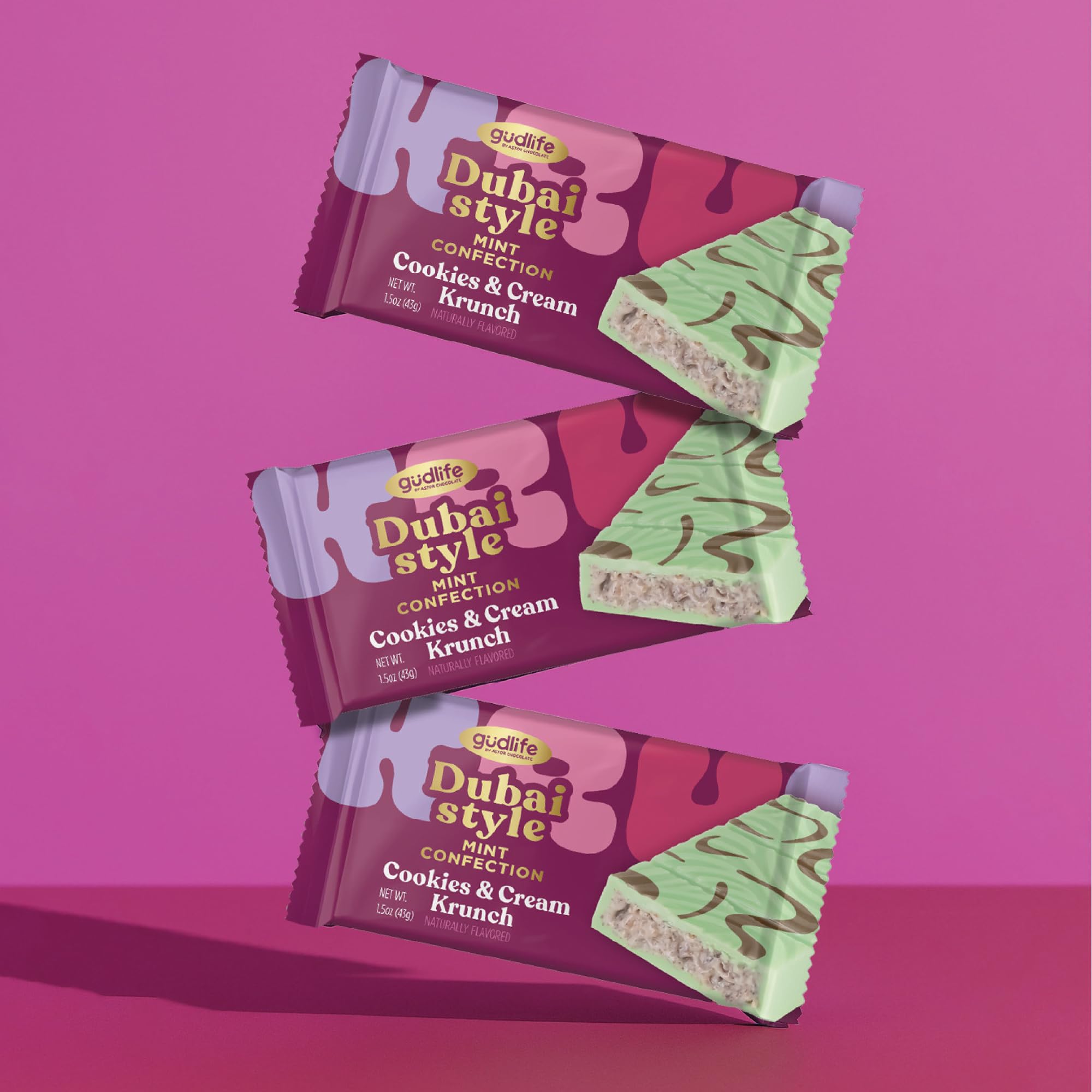 Gudlife Dubai Chocolate Mint 3-Pack | Refreshing Mint Cookies & Cream with Crunchy Cookies in White Chocolate Candy | Gourmet Dubai-Inspired Bites | 3