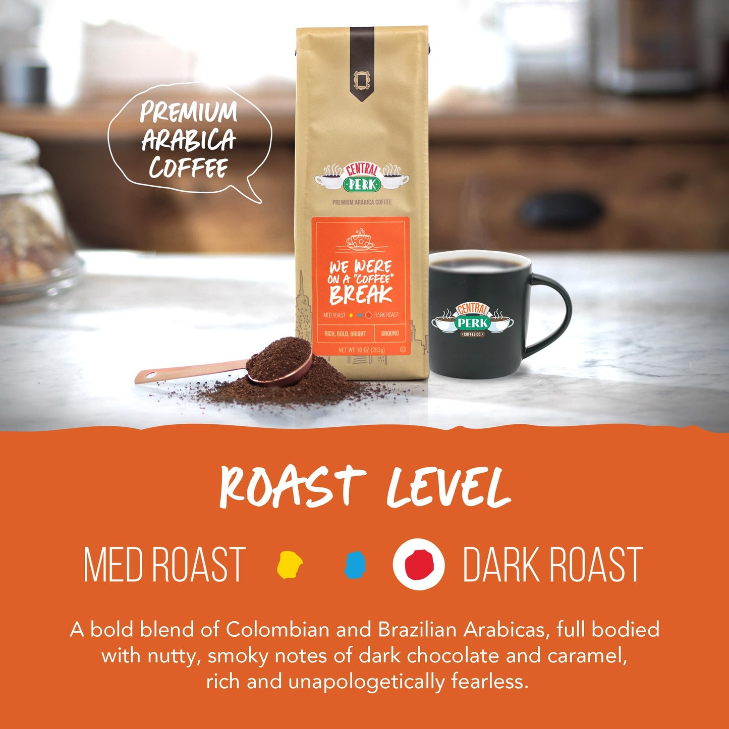 Central Perk Dark Roast Ground Coffee "We Were On A Coffee Break" Blend - 100% Arabica with Nutty, Smoky, Dark Chocolate & Caramel Flavors, Full Body
