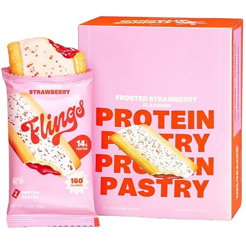 Flings Protein Pastries - 14g Protein, 4g Fiber, 160 Calories - Low Sugar Protein Snack Bars - Gluten Free - Frosted Strawberry (8 Pack)