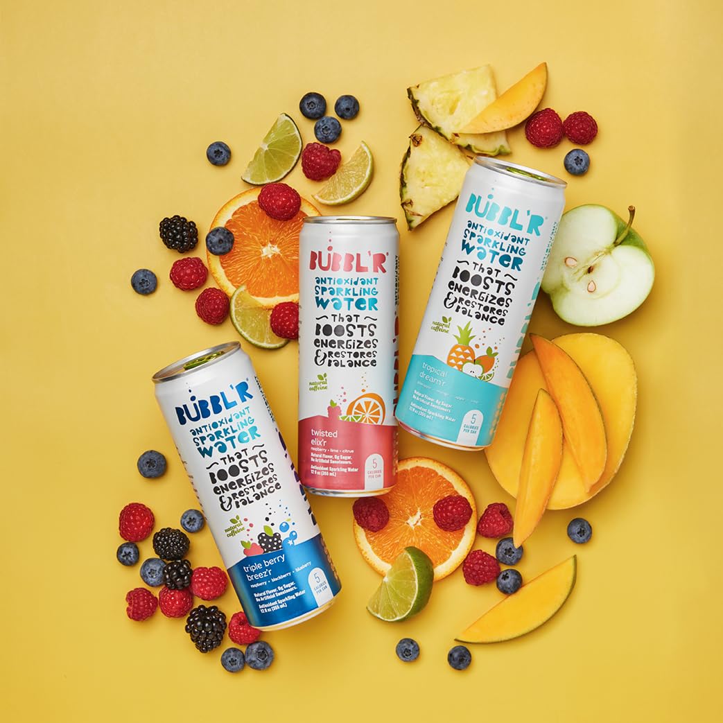 BUBBL'R Sparkling Water, 3 Flavors with Natural Caffeine, triple berry breez'r, twisted elix'r, tropical dream'r, Antioxidants, 0 Sugar - 12 Fl Oz