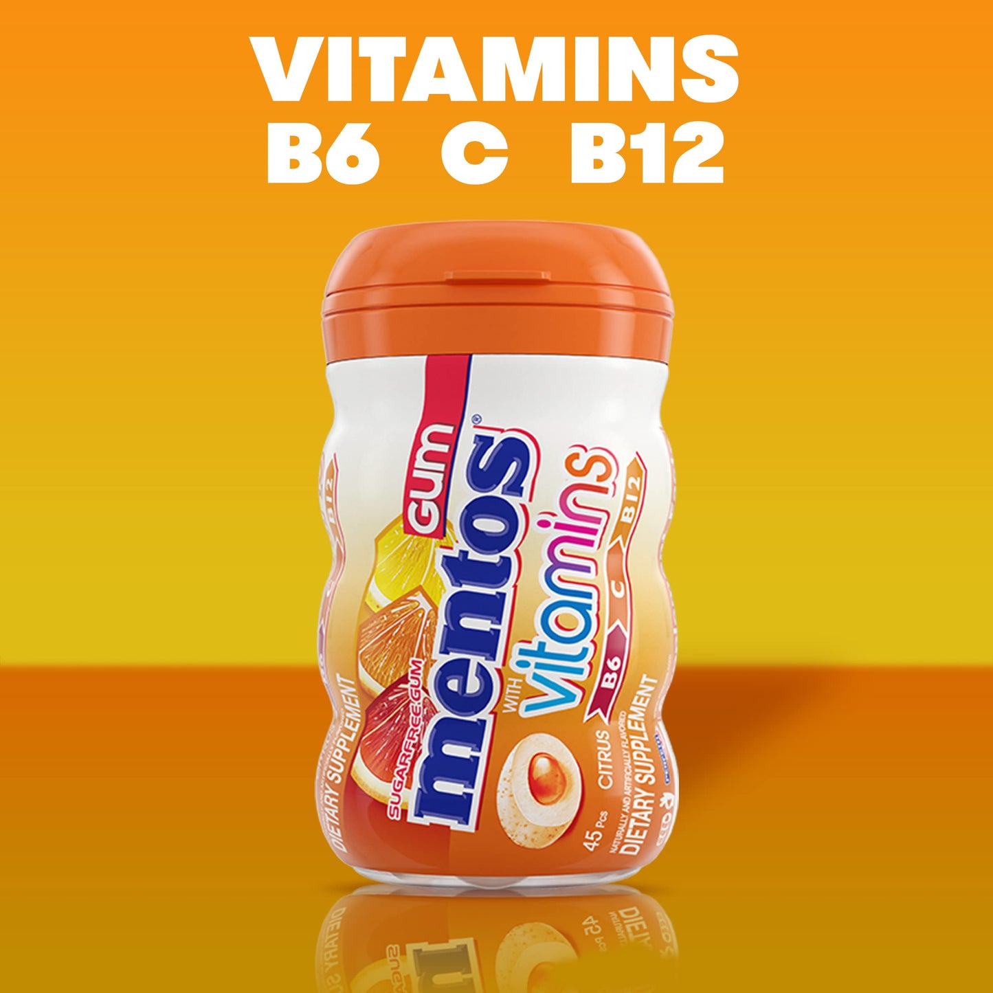 Mentos Gum with Vitamins, Sugar Free Chewing Gum with Xylitol, Citrus Flavor, Vitamins B6, B12 and C, Bottle of 45 (Bulk Pack of 4)