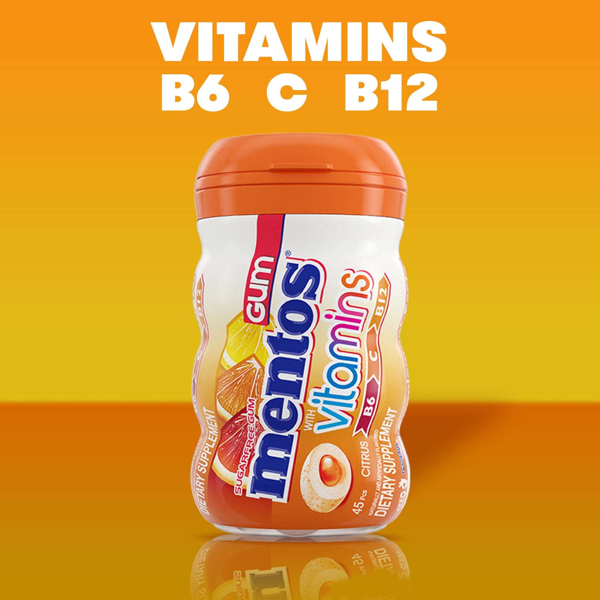 Mentos Gum with Vitamins, Sugar Free Chewing Gum with Xylitol, Citrus Flavor, Vitamins B6, B12 and C, Bottle of 45 (Bulk Pack of 4)