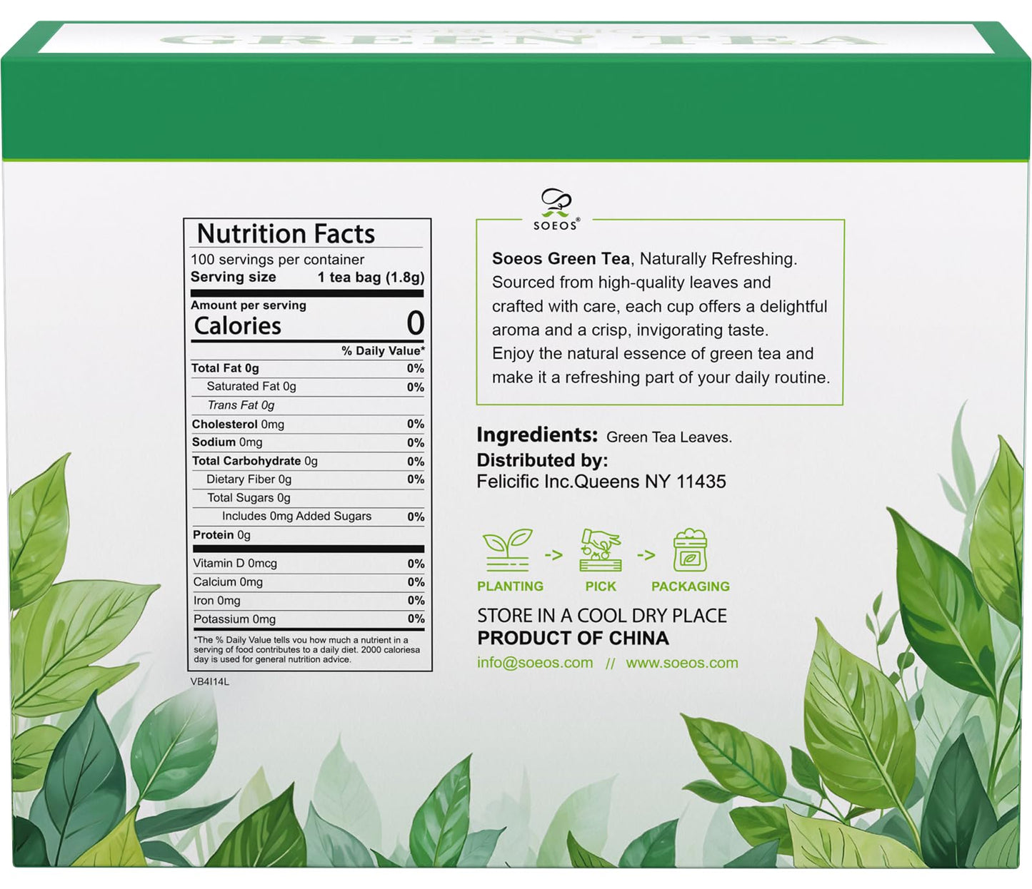 Soeos Green Tea, 6.3 oz (180g), 100 Tea Bags, Refreshing and Fragrant, Sustainably Sourced, Ideal for Hot or Iced Tea, Long-Lasting Freshness