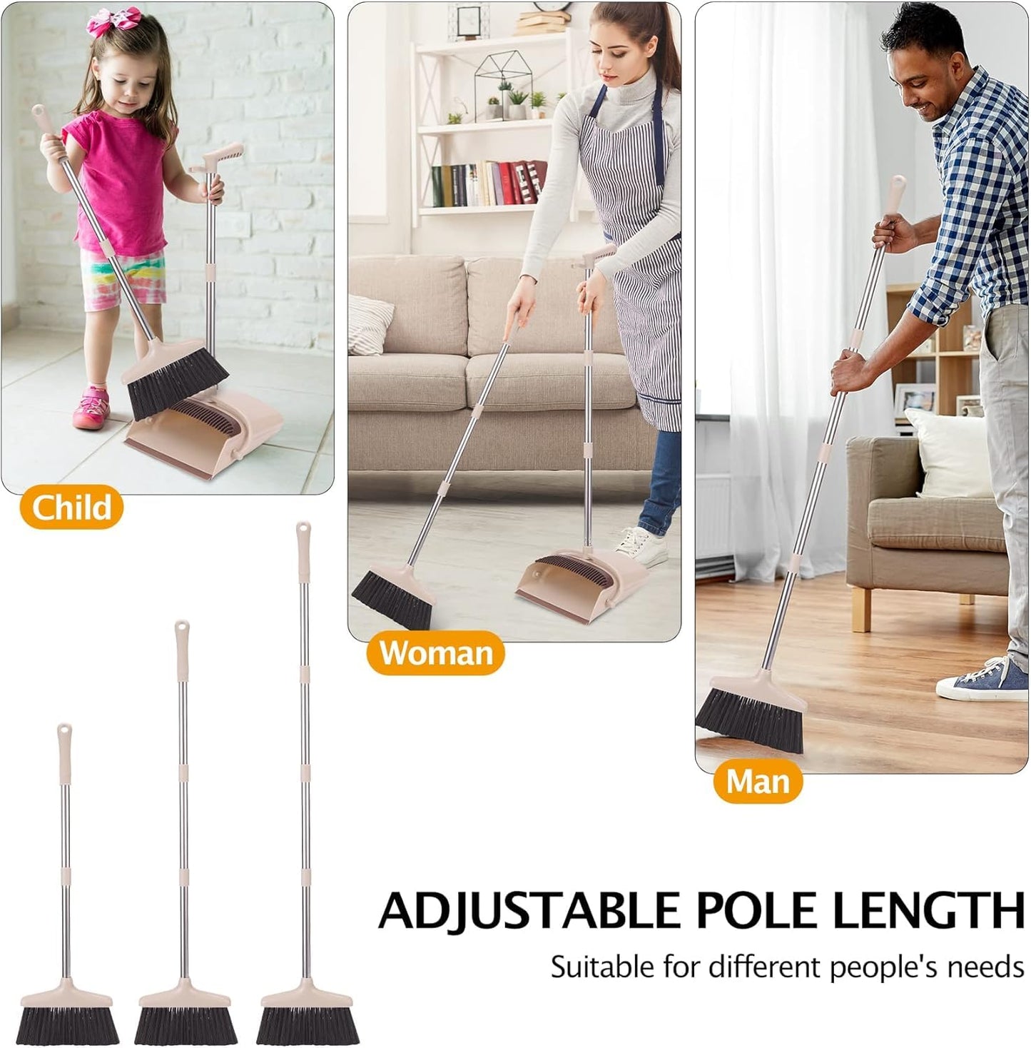 XXFLOWER Broom and Dustpan Set with Long Handle, Light Weight Stainless Steel Poles Stand Upright Dustpans with Broom Combo for Home Kitchen Office