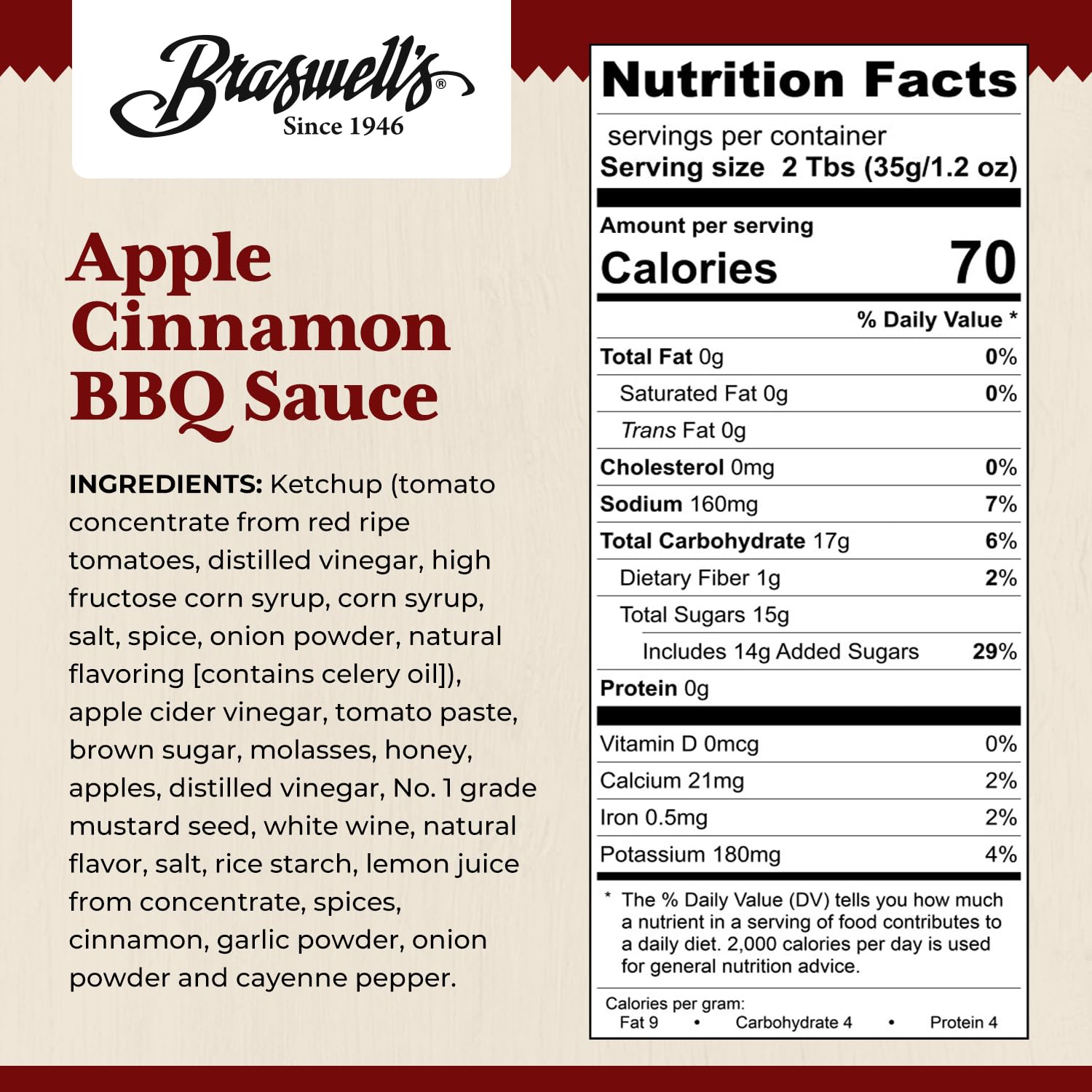 Braswell’s Apple Cinnamon Barbeque Sauce - Small-Batch, Renowned Specialty, Made in USA, Since 1946 (13.5oz)