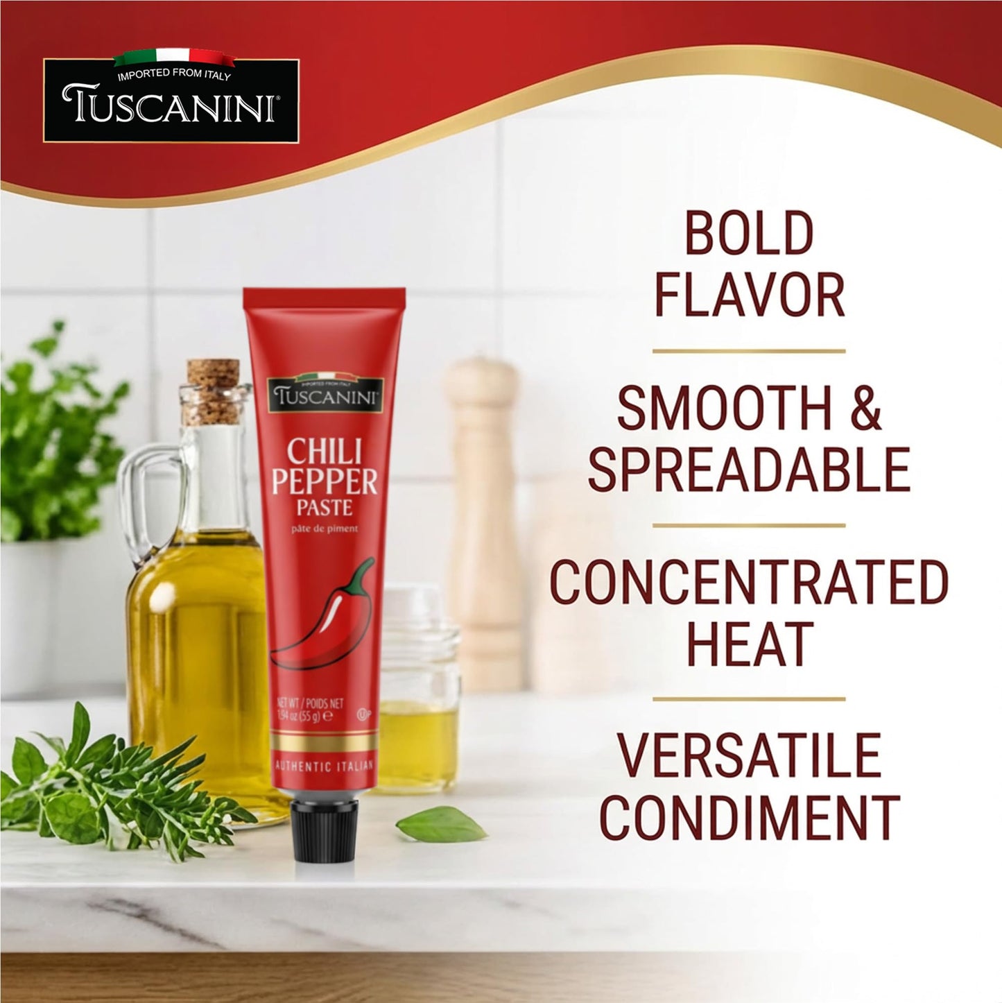 Tuscanini Italian Chili Pepper Paste, 1.94 oz | Made with Olive Oil | 3 Ingredients | Hot Chili Paste in Squeeze Tube | Bold Spicy Condiment