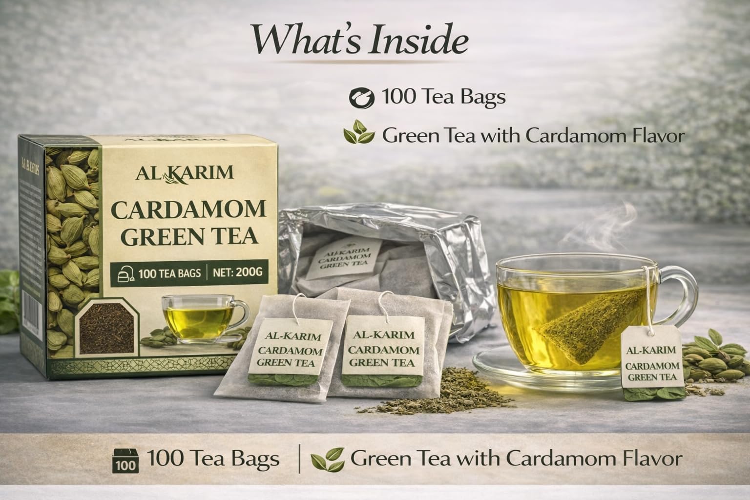 AL-KARIM Cardamom Green Tea, 100 Tea Bags, Natural Cardamom Flavor, 200g Net Weight