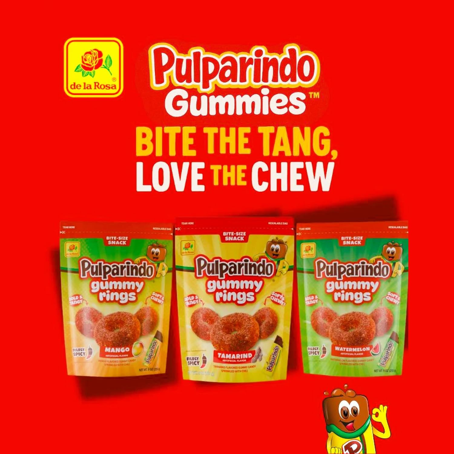 De la Rosa Pulparindo Gummy Rings Candy 9oz Bag (2 Pack) - Mildly Spicy Soft & Chewy Mexican Candy, Bite-Size Snack, Watermelon, Tamarind or Mango