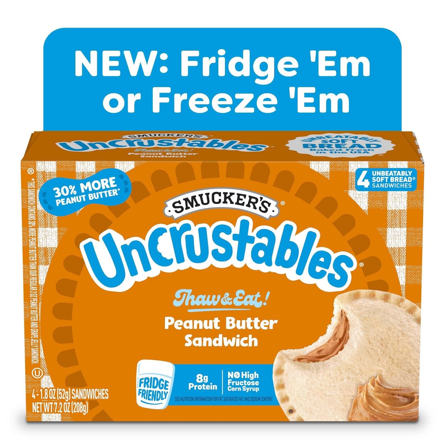 Uncrustables Frozen Peanut Butter Sandwich, Individually Wrapped, No Crust, 1.8 oz, Pack of 90