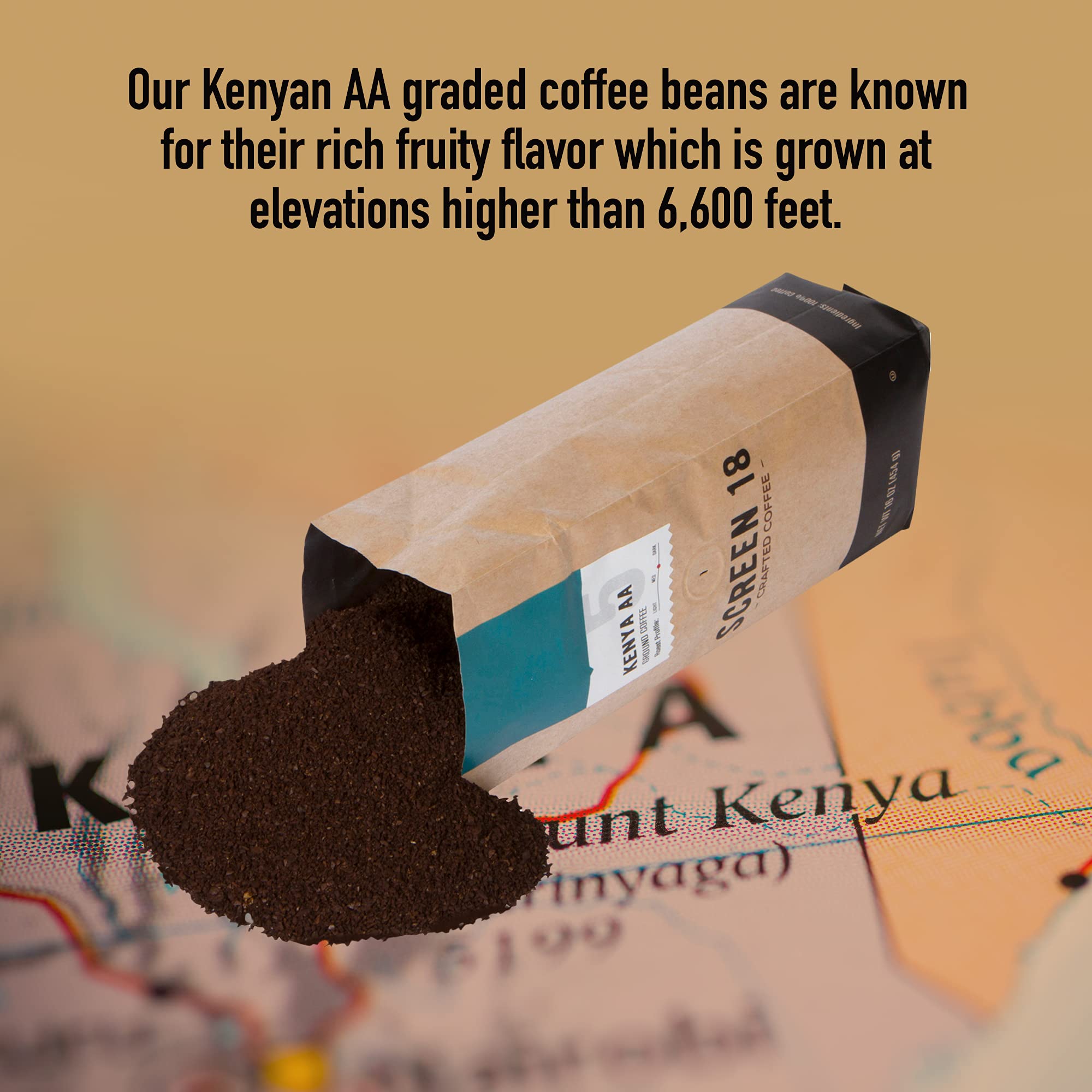 Screen 18 Specialty Grade Premium Kenya AA Ground Coffee, Single Origin, Medium Dark Roast, 1 LB
