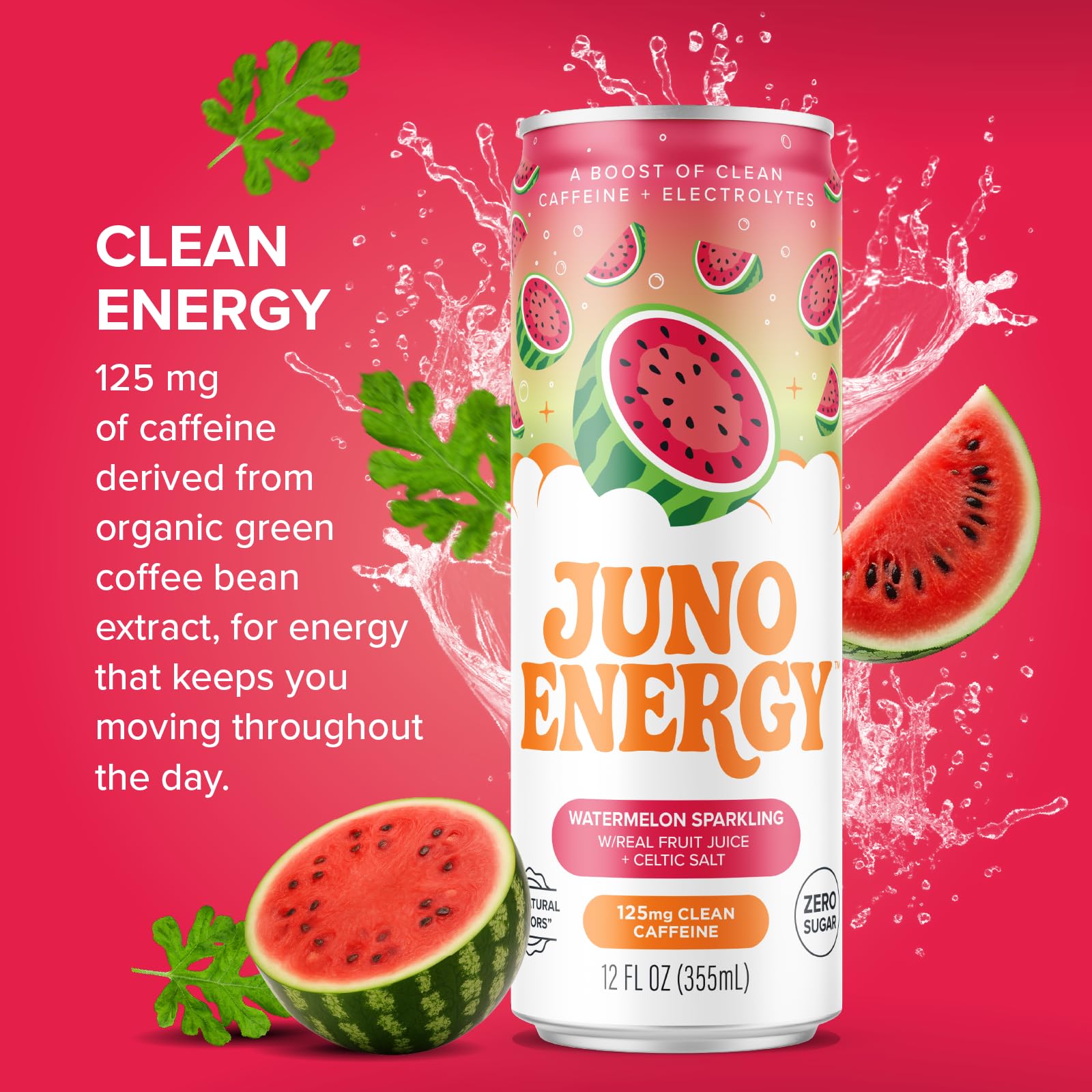 JUNO ENERGY Organic Watermelon Sparkling Energy Drink - Sugar Free, Energizing and Hydrating with 125mg Organic Caffeine from Green Coffee Beans