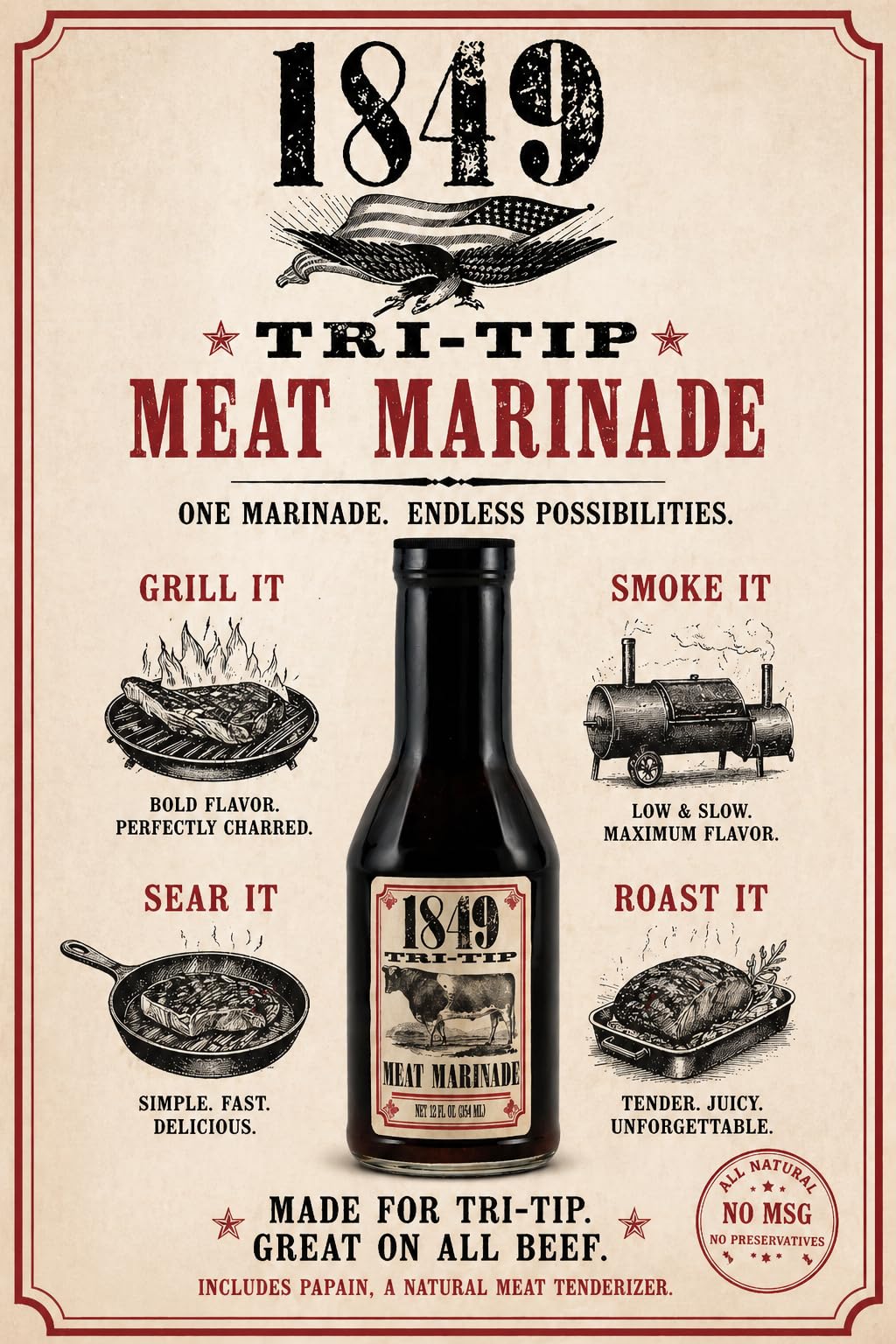 1849 Tri-Tip Meat Marinade, All-Natural Beef Marinade, 12 oz