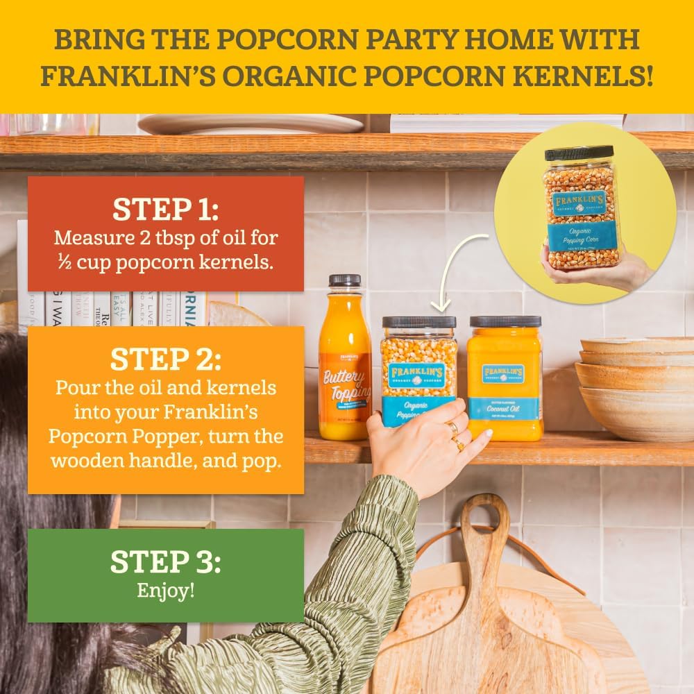 Franklin’s Gourmet Popcorn Organic Popcorn Kernels for Popping - 28oz Tub - Made in USA, Non-GMO & All-Natural - Old Fashioned Unpopped Popcorn