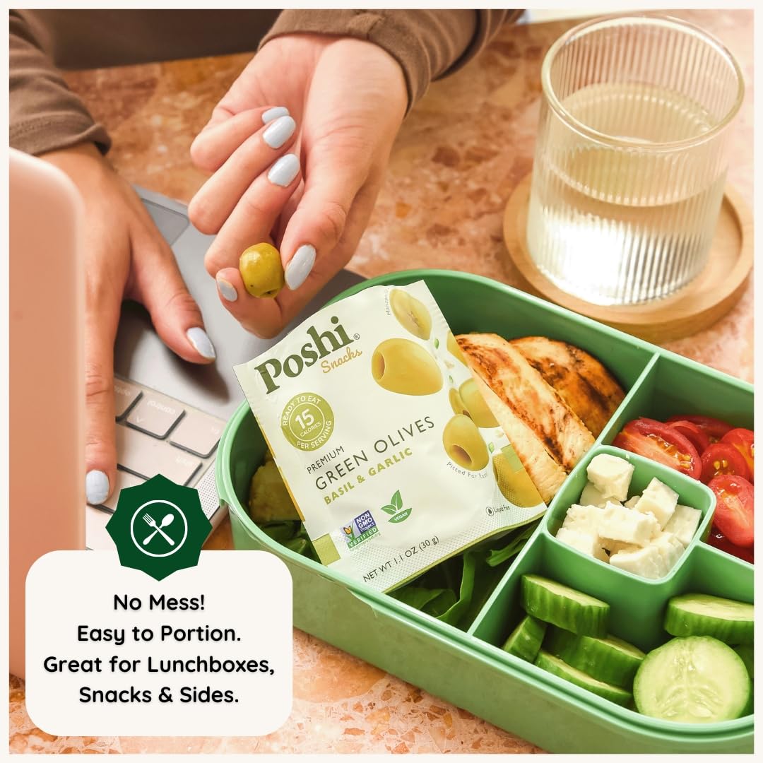 Poshi Natural Whole Pitted Olives | 24 Pack Variety | Basil & Garlic, Chili & Oregano, Chili + Garlic, Lemon & Rosemary | Vegan, Kosher, Gluten Free +