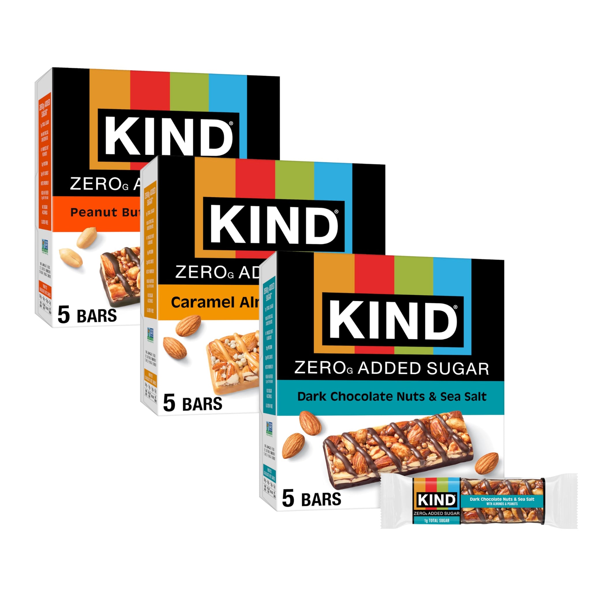 Kind Zero Added Sugar Healthy Snacks Bars Variety Pack, Gluten Free, High Fiber, Keto Snacks, Dark Chocolate Nuts & Sea Salt, Caramel Almond, Peanut