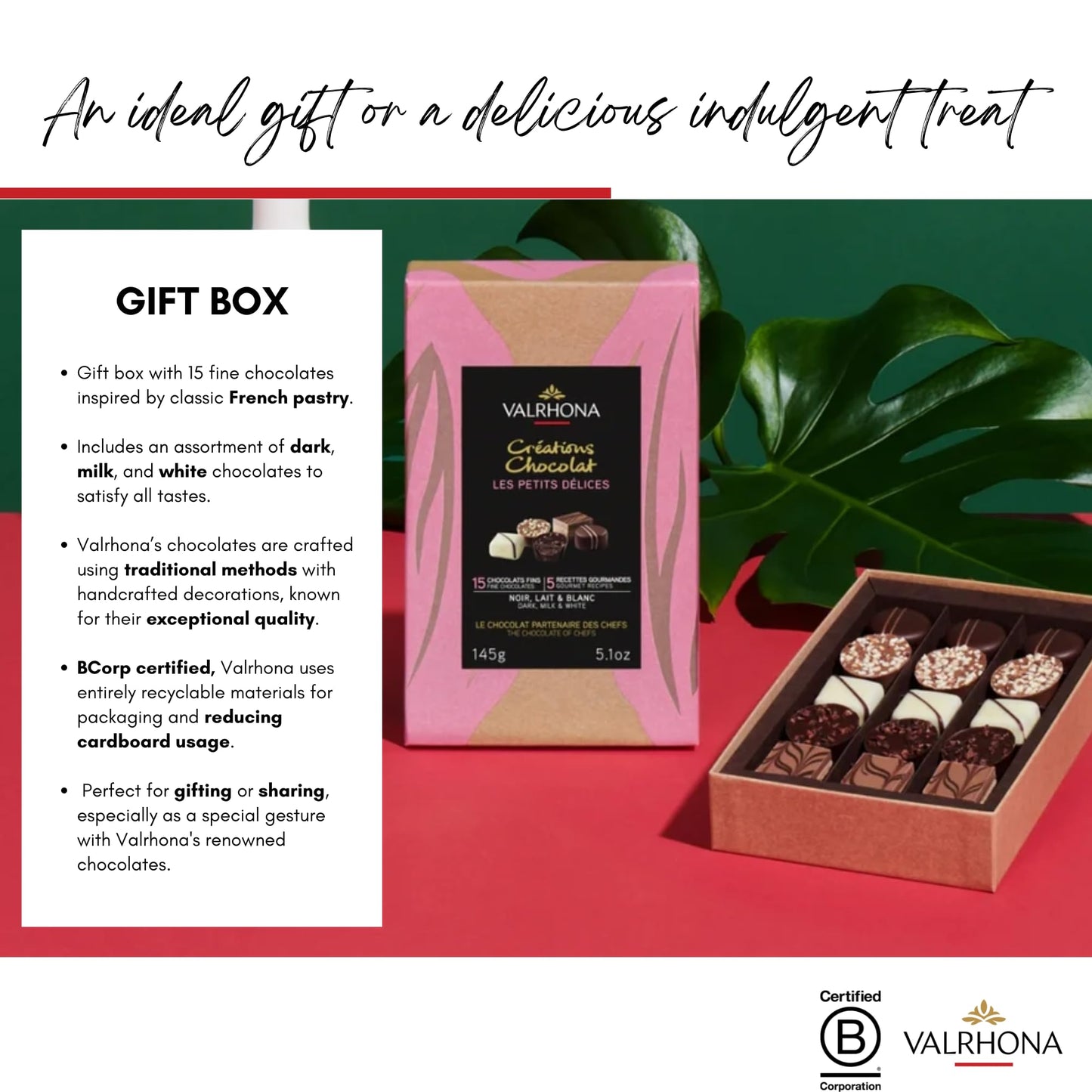 Valrhona Assortment of 15 Gourmet Petits Bon Bons in Dark, Milk & White. Inspired from French pastries: Millefeuille, Crème caramel, Fondant au