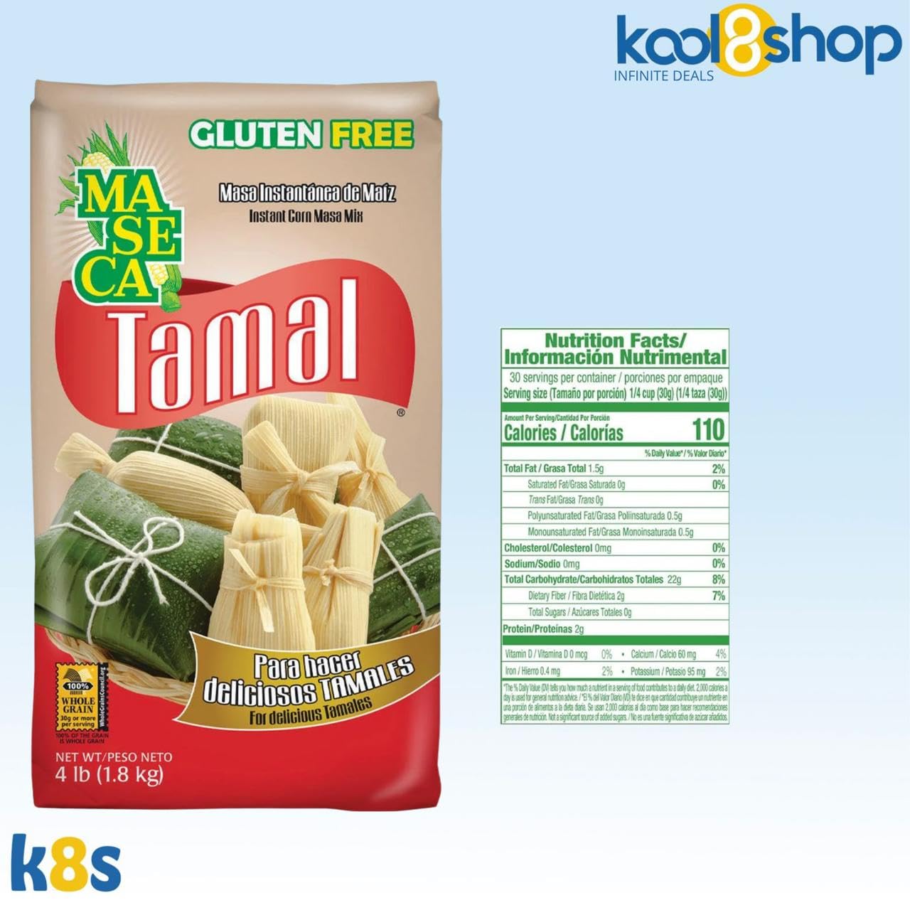 Maseca Tamal Instant Corn Masa Flour Gluten Free Kosher 4 lbs Bag 2 Pack + 2 Storage Reusable Bags by KOOL8SHOP Infinite Deals