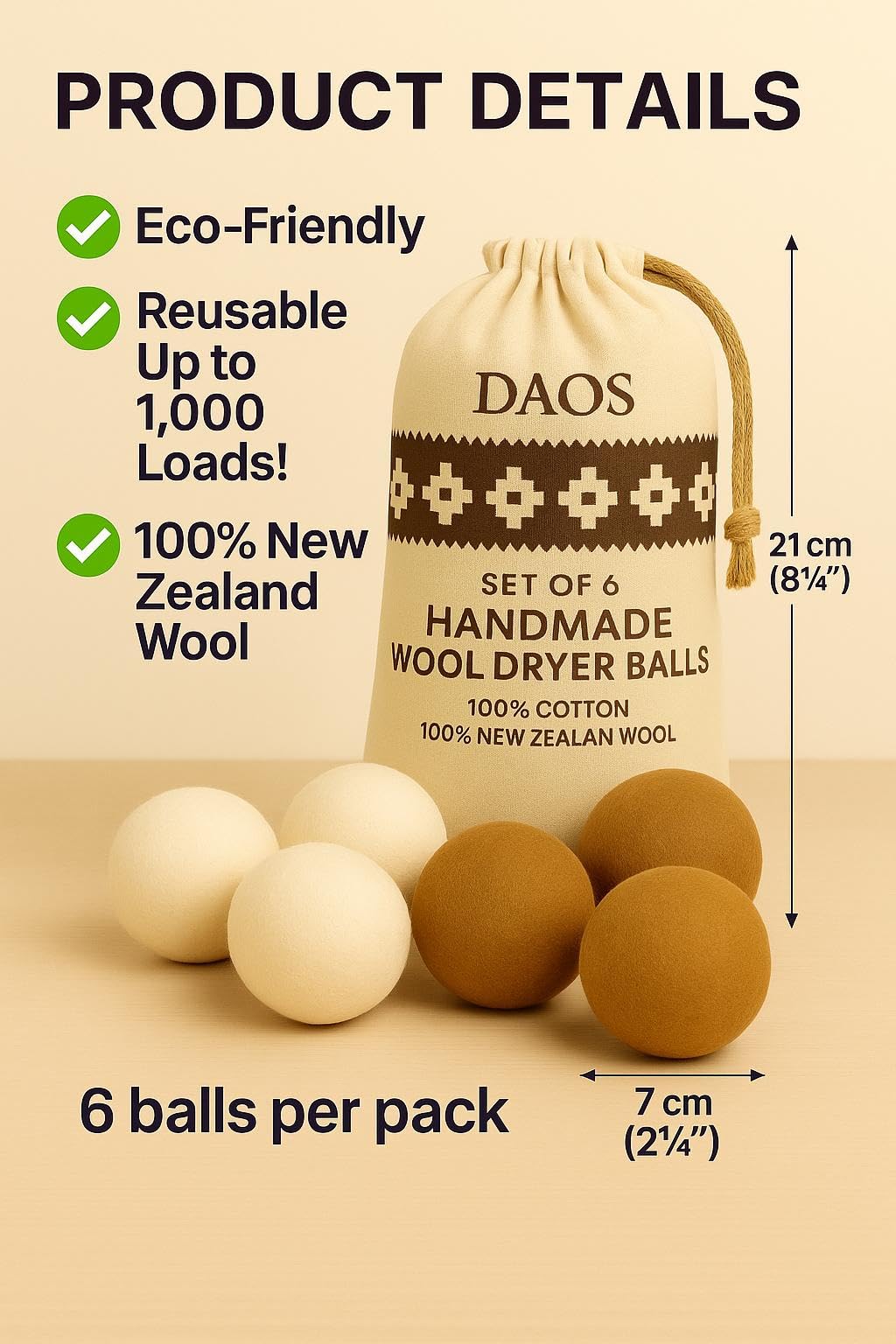 Wool Dryer Balls - Pack of 6 (3 White + 3 Brown) with Storage Bag - 100% New Zealand Wool - Reusable, Eco-Friendly Natural Laundry Dryer Balls