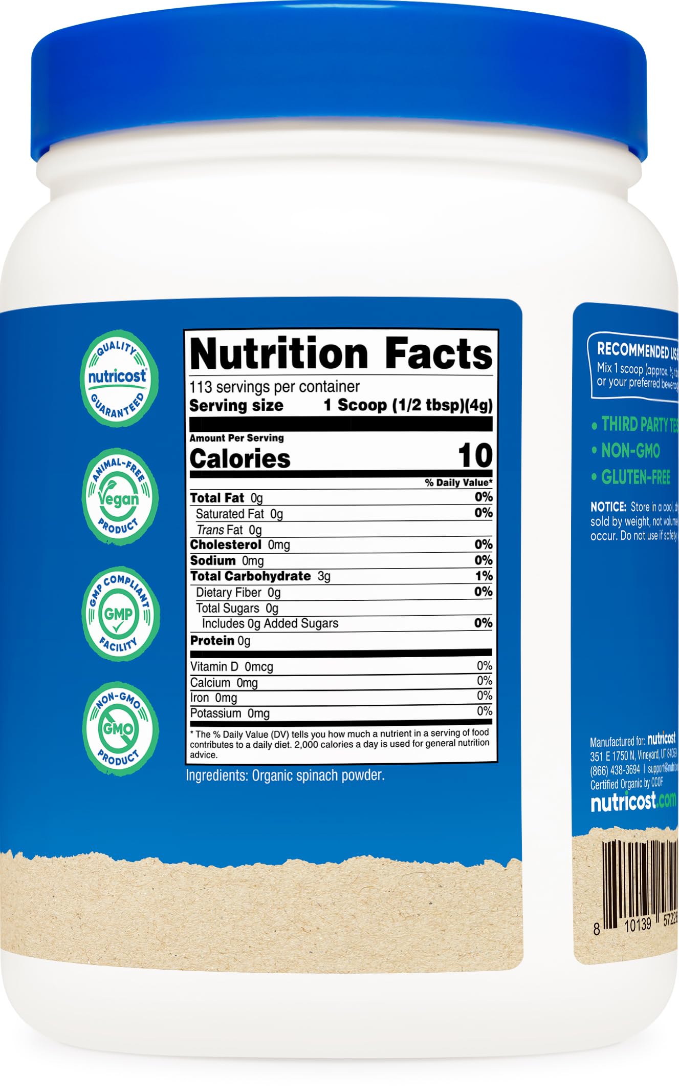 Nutricost Organic Spinach Powder 1LB - Pure, Gluten Free, Non-GMO, Certified Organic