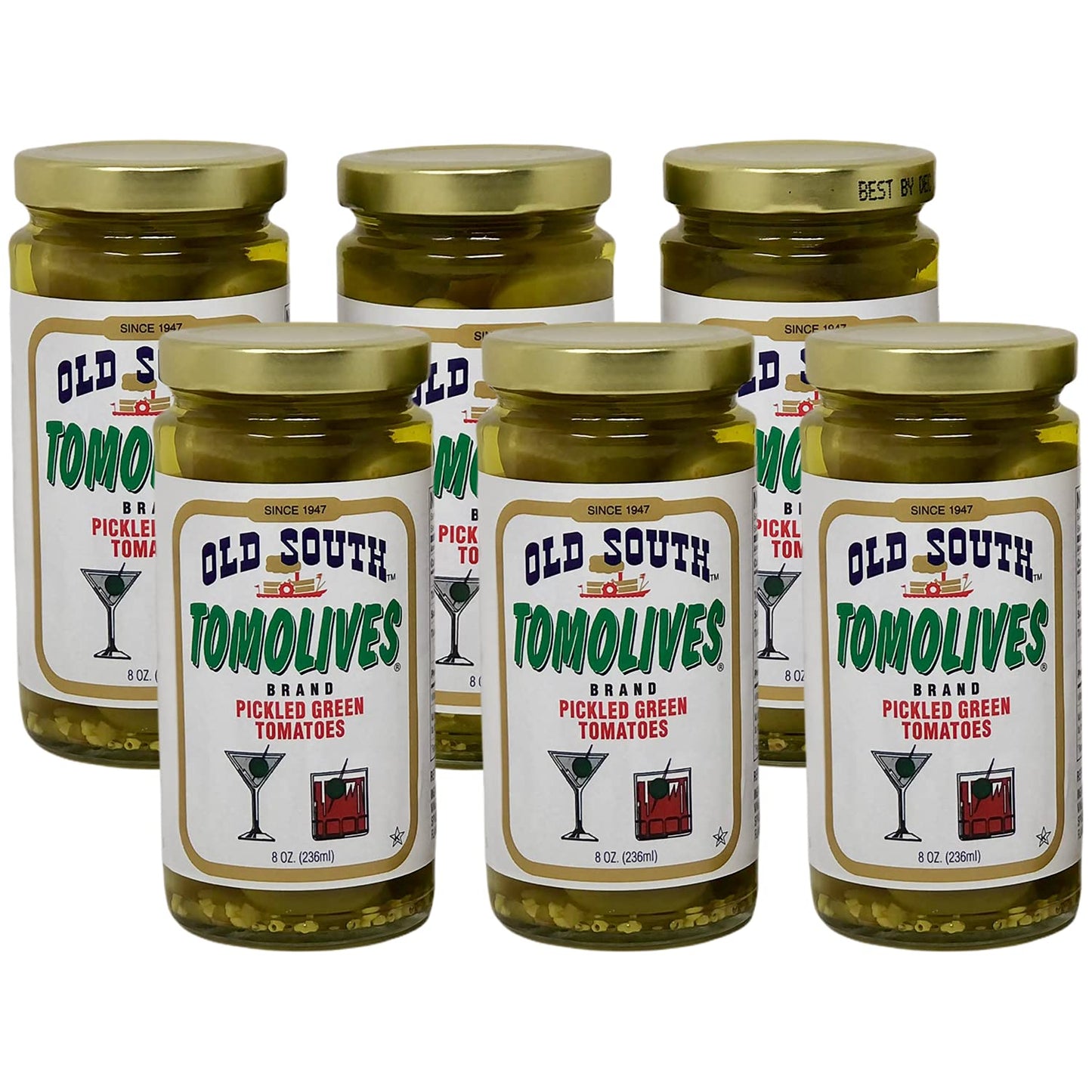 Old South Tomolives Pickled Green Tomatoes 8oz (6 Pack) Bundled with Complimentary 4-count Stainless Steel Cocktail Picks | Ultimate Martini Garnish |
