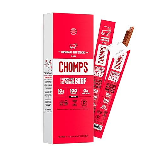Chomps Grass-Fed and Finished Original Beef Jerky Snack Sticks 10-Pack - Keto, Paleo, Whole30, 10g Lean Meat Protein, Gluten-Free, Zero Sugar Food