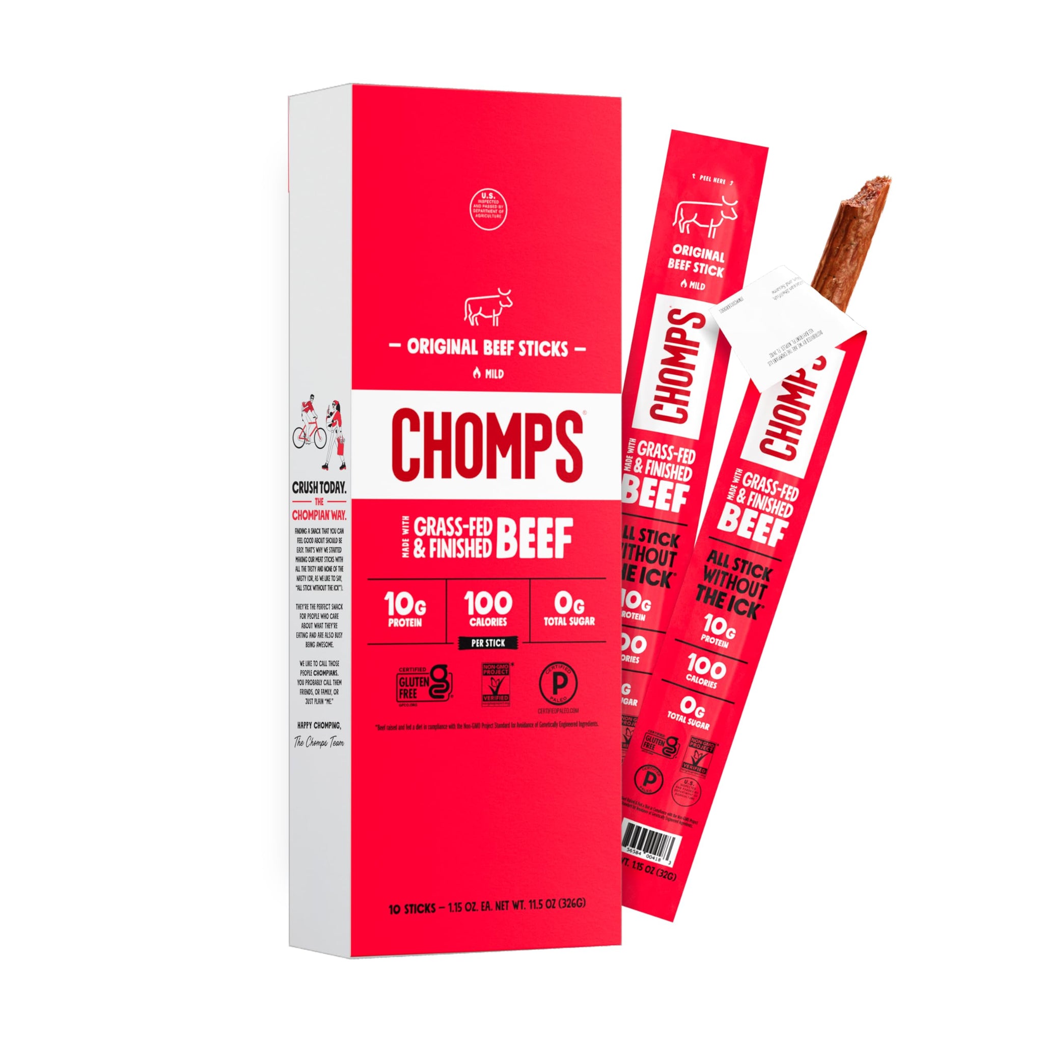 Chomps Grass-Fed and Finished Original Beef Jerky Snack Sticks 10-Pack - Keto, Paleo, Whole30, 10g Lean Meat Protein, Gluten-Free, Zero Sugar Food