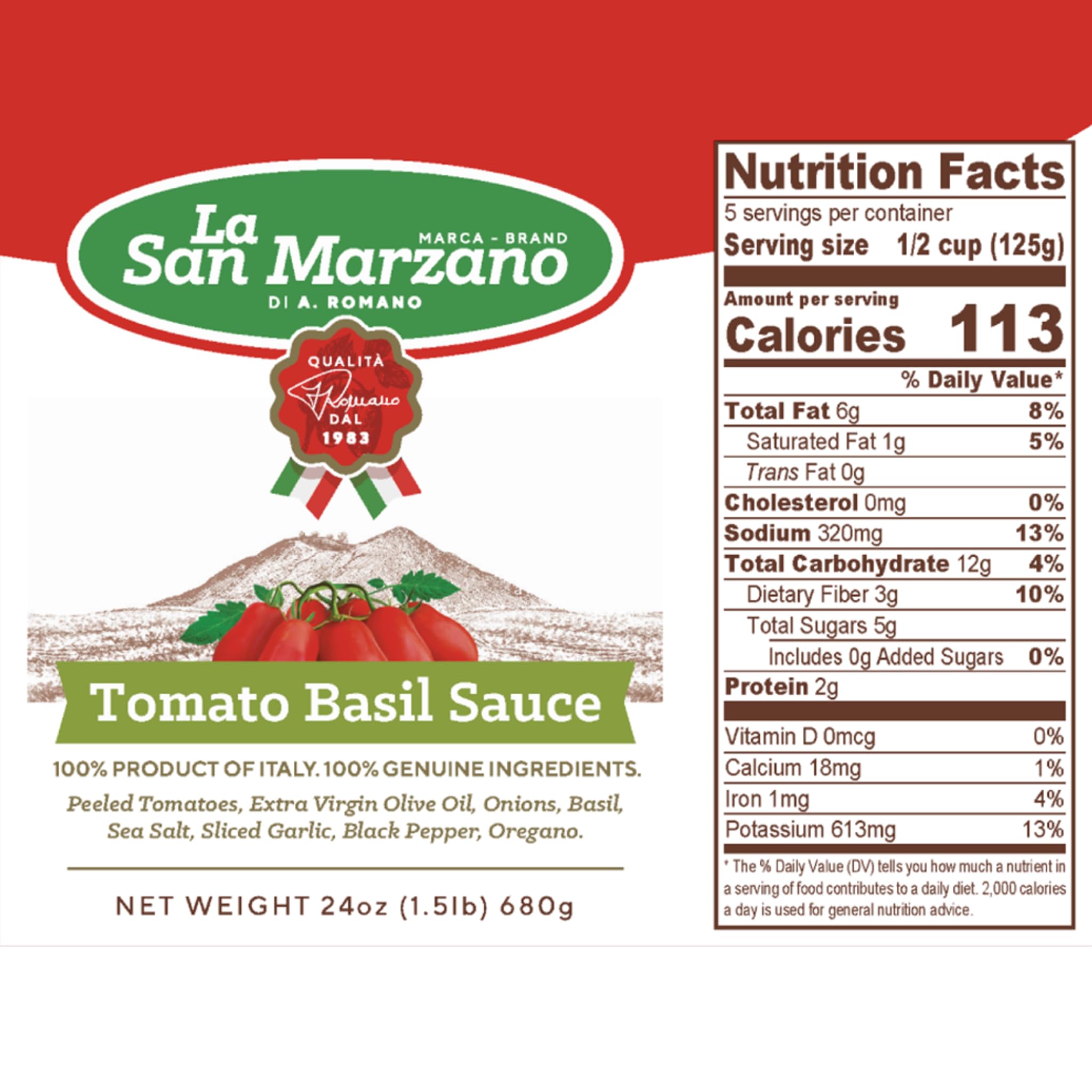 La San Marzano Tomato Basil Sauce, 24 oz, Pasta Sauce Made in Italy, All Purpose Tomato Premium Quality, All Natural, Mediterranean Diet, Non GMO