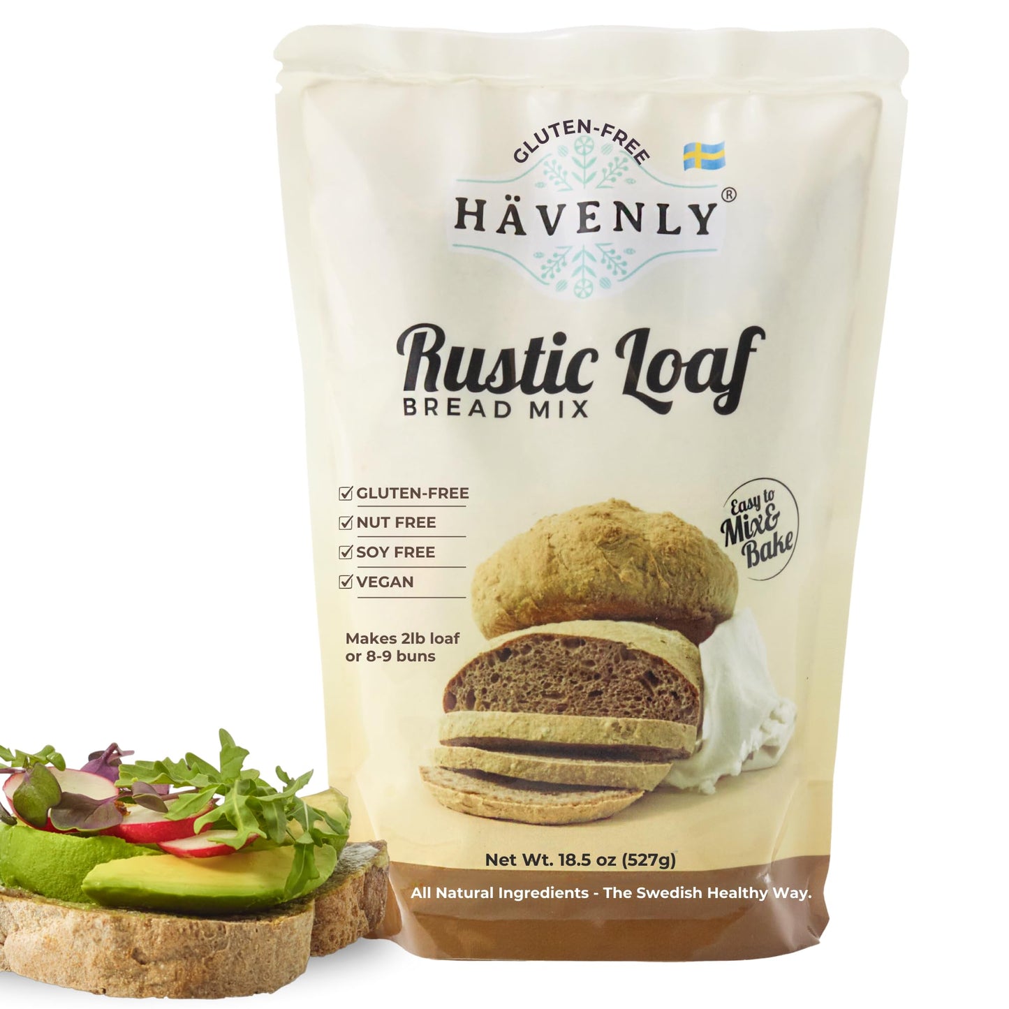 Havenly Rustic Bread Mix 18.5 oz Gluten Free Flour | Vegan, Dairy Free, Nut Free, Soy Free, Kosher Bread Flour | No sugar added | No Knead - Easy to Make | High Fiber Wholegrain Gluten Free Flour | Yeast for Baking Included