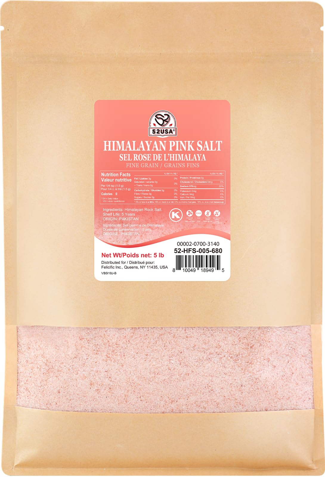 52USA Himalayan Pink Salt, Fine Grain, 80 oz (5 Pound), Pink Himalayan Sea Salt Fine, Kosher Salt, Rock Salt