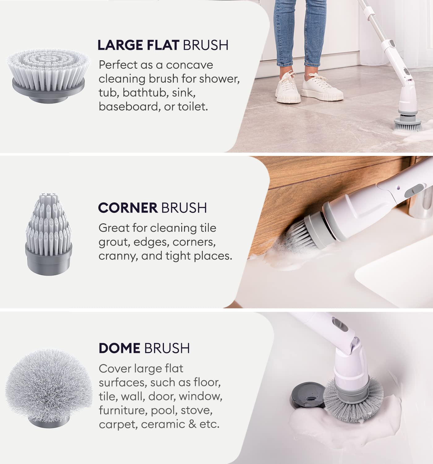 Replacement Brush Heads Set of 3 for GENIANI Electric Spin Scrubber, Scrub Brush for Cleaning Bathroom, Tile, Floor, Tub, and Shower (White)