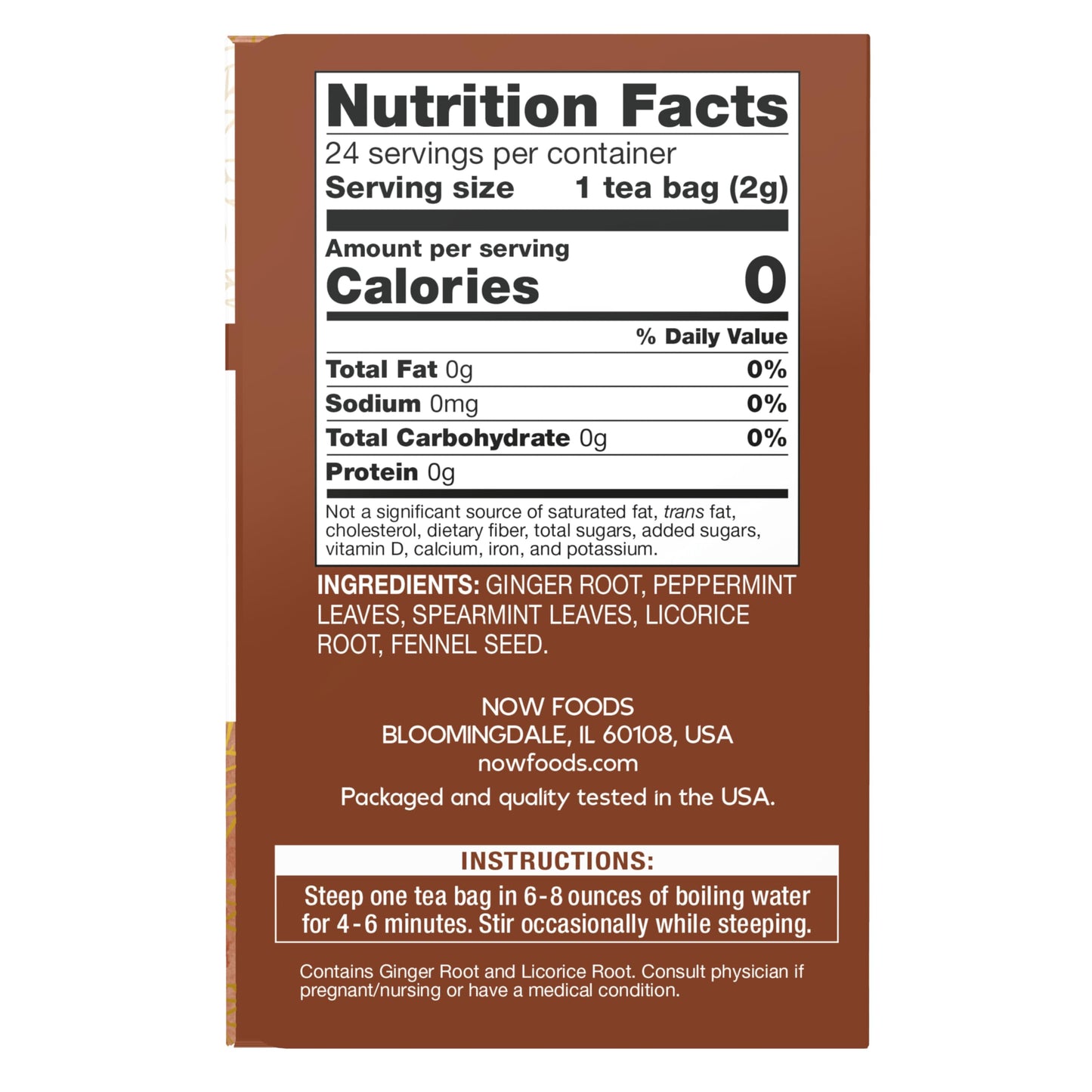 NOW Foods, Give a Tea Ginger Mint Comfort Tea, Caffeine-Free, Calming, Tummy-Pleasing, 24-Count
