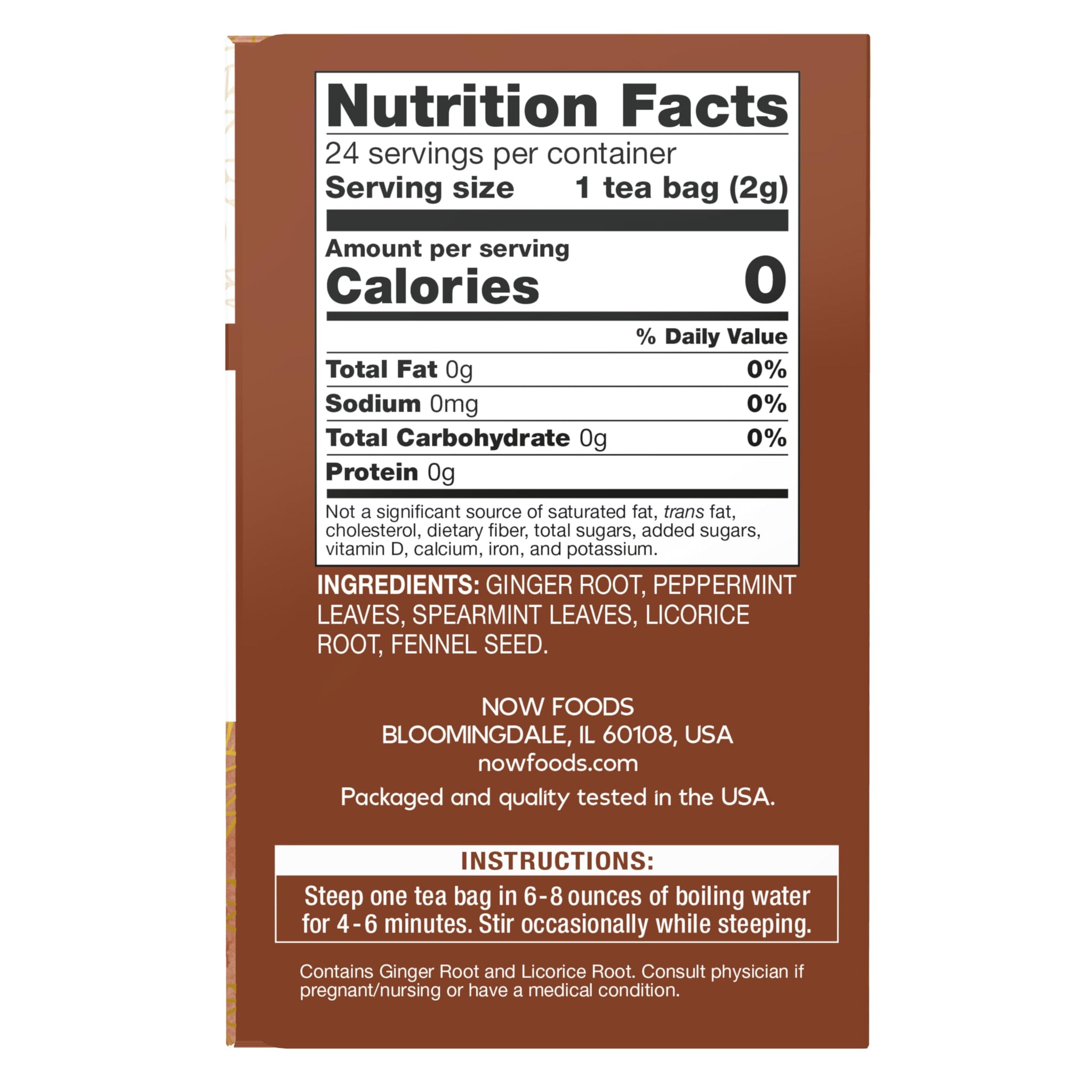 NOW Foods, Give a Tea Ginger Mint Comfort Tea, Caffeine-Free, Calming, Tummy-Pleasing, 24-Count