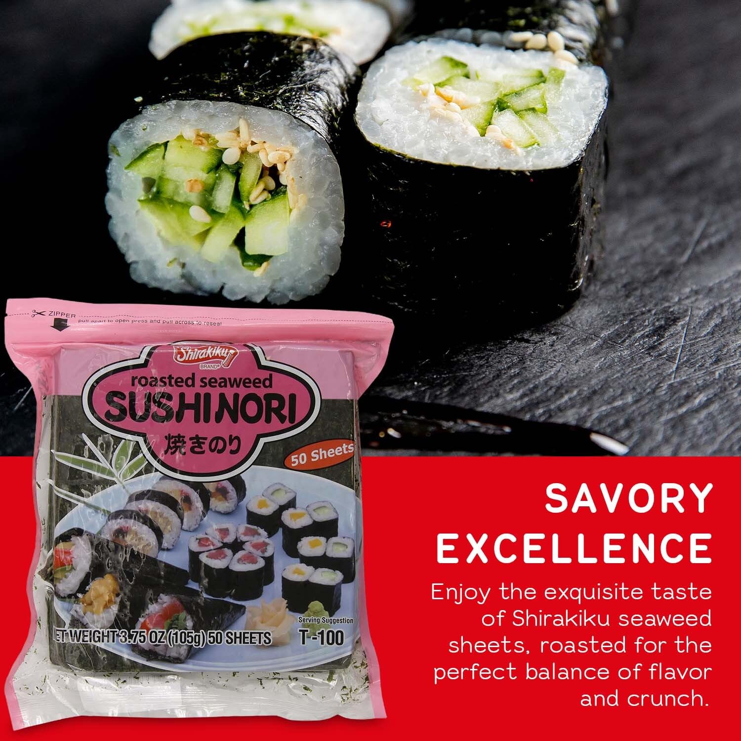 "Shirakiku Sushi Nori Seaweed - Japanese Sushi Nori Roasted Seaweed Sheets for Sushi Rolls | Perfect for Soups, Tofu, and Salads | Pack of 1 Contains