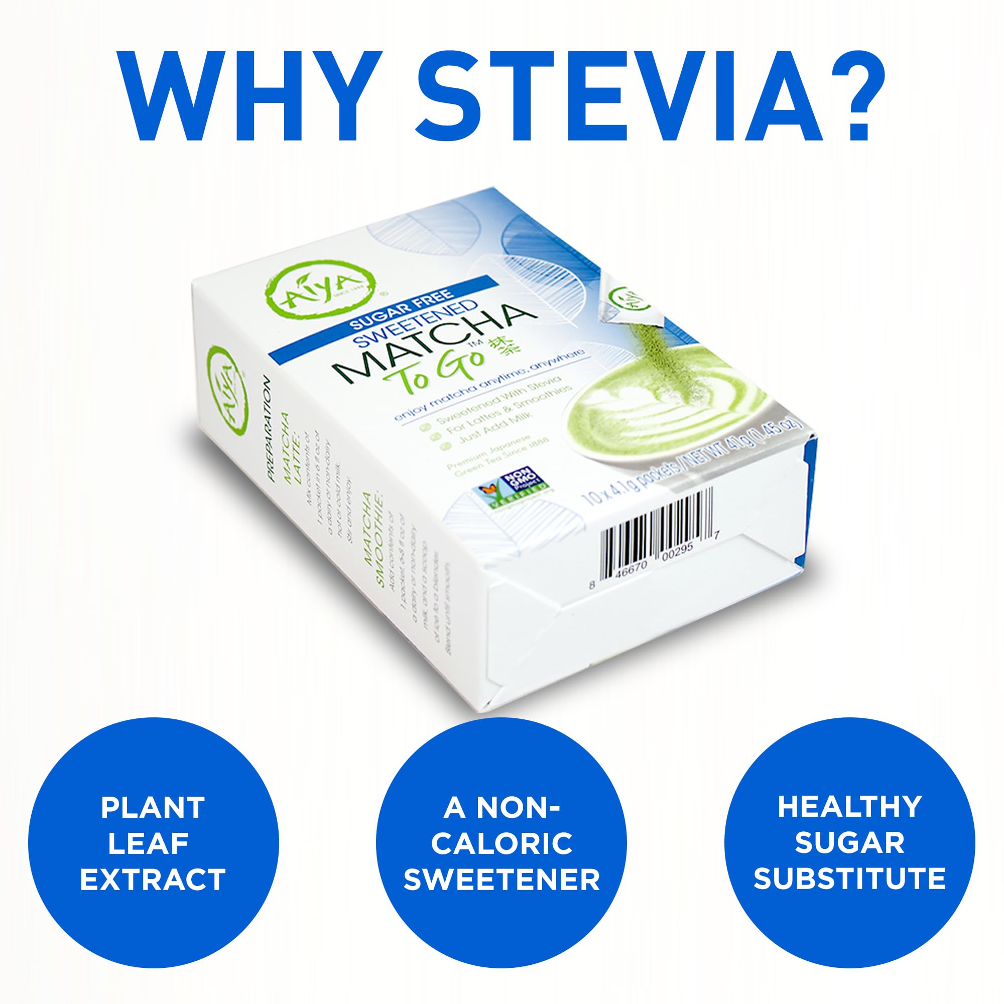 Aiya Sugar-Free Sweetened Matcha To Go Sticks - Stevia Sweetened Packets, Premium Japanese Matcha Powder, Gluten-Free - 10 Single-Serving Sticks