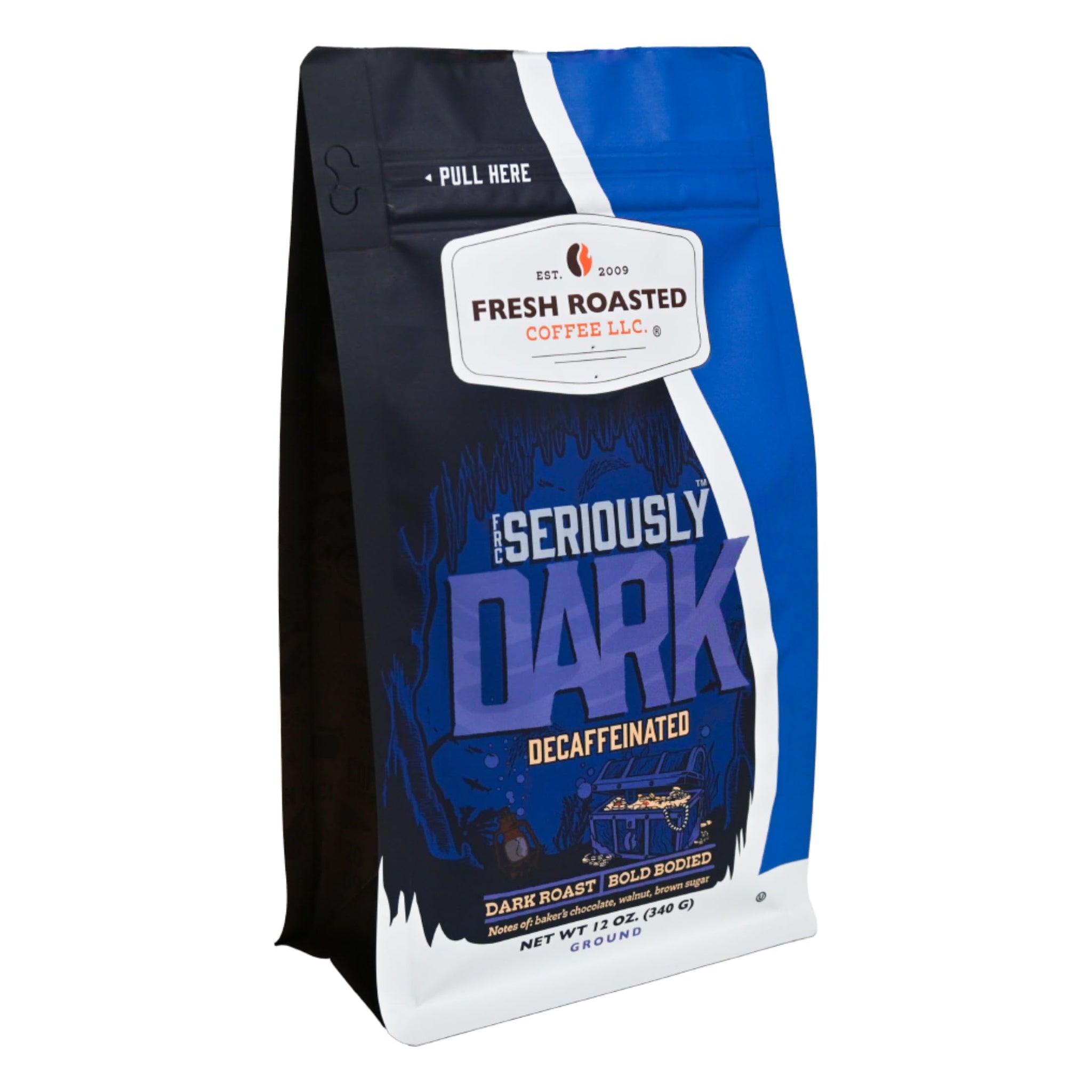Fresh Roasted Coffee, Seriously Dark Decaf Artisan Blend Drip Ground Coffee, Dark Roast, Kosher, 12 oz